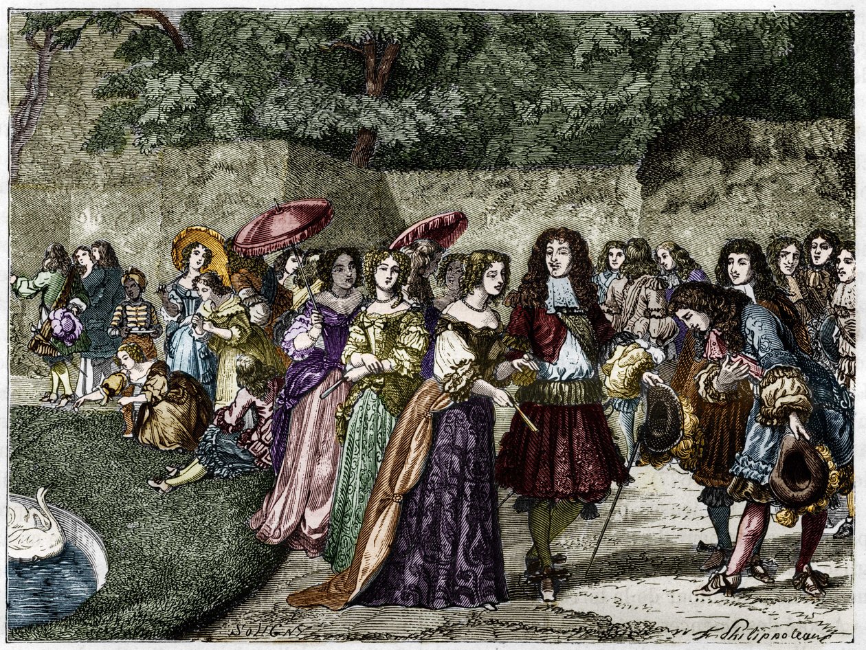 Król Słońce (Ludwik XIV w ogrodach Wersalu otacza swój dziedziniec). Rycina XIX wieku. autorstwa Unknown artist