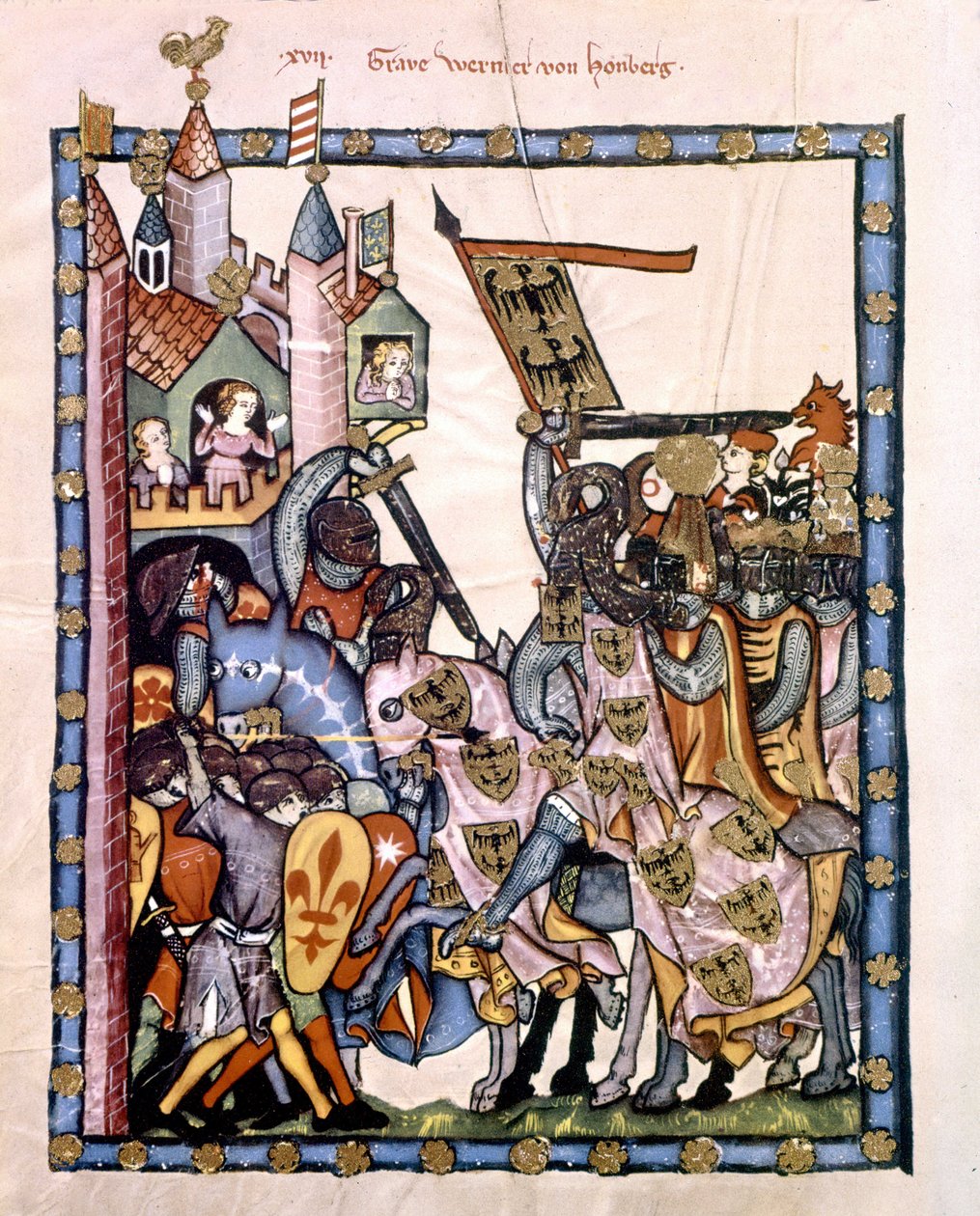 Szwajcarski poeta i rycerz Graf Werner von Homberg (1284-1320) na usługach cesarza Henryka VII oblegał warownię bronioną przez wojska Angevine na Sycylii. Miniatura Kodeksu „Manesse” lub „Manessesche Liederhandschrift”, przy której znajduje się rękopis autorstwa Unknown artist