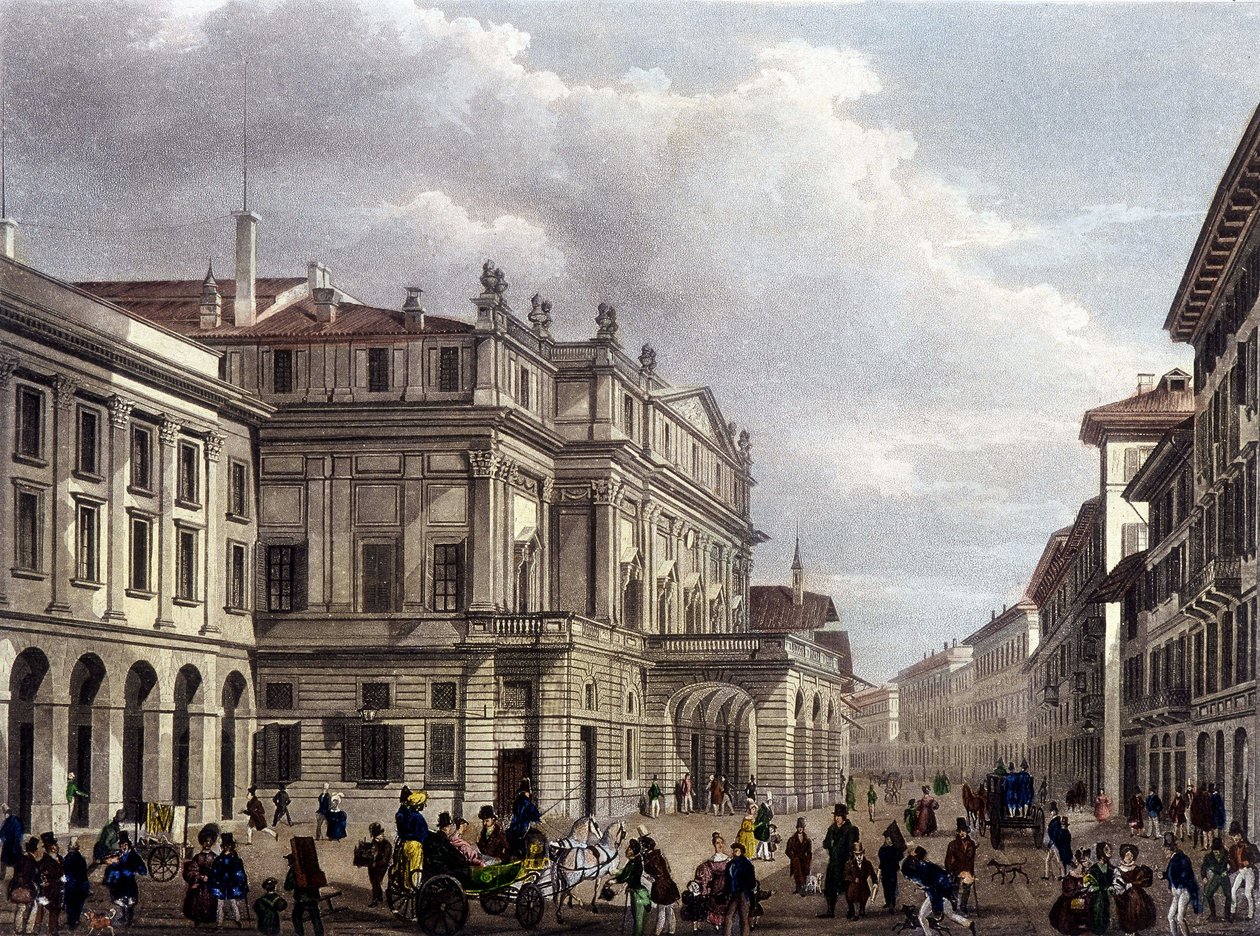 Teatro alla Scala w Mediolanie na początku XIX wieku. Grawerowanie okresu. Museo della Scala de Milan autorstwa Unknown artist