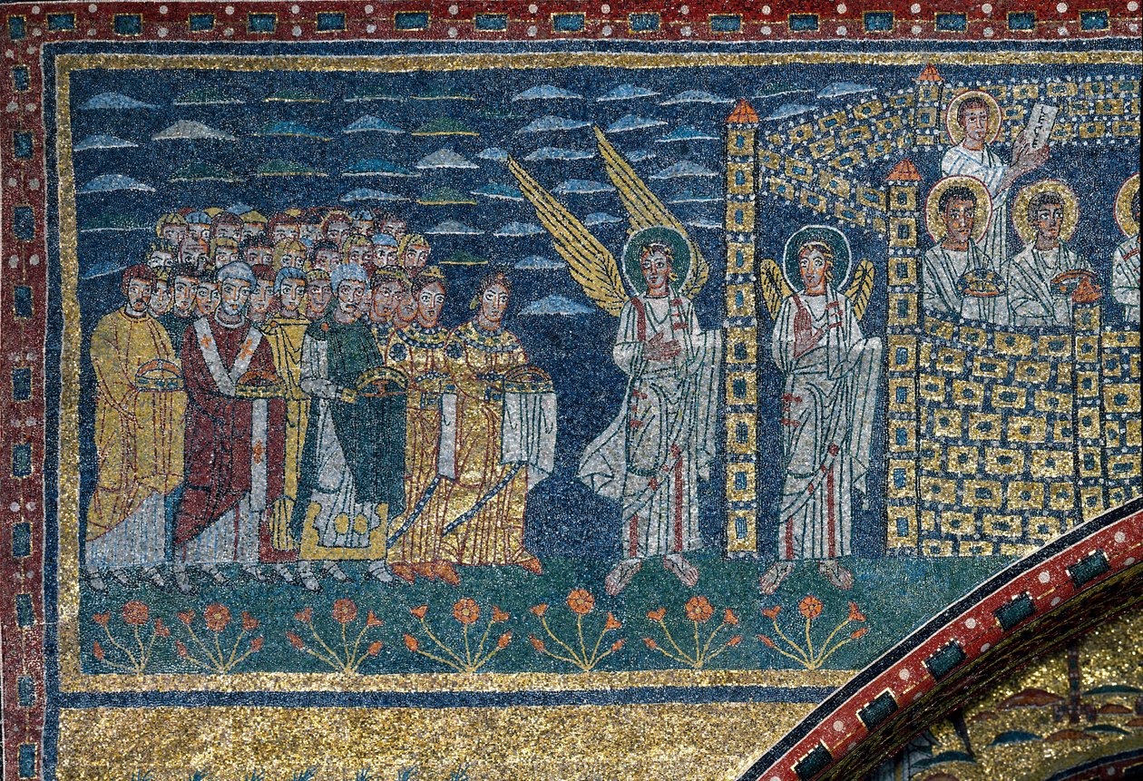Wizja Niebiańskiej Jerozolimy: Wybrani zmierzają w kierunku miasta strzeżonego przez aniołów. Szczegół. Mozaika około 830. Łuk triumfalny bazyliki Santa Prassede, Rzym autorstwa Unknown artist