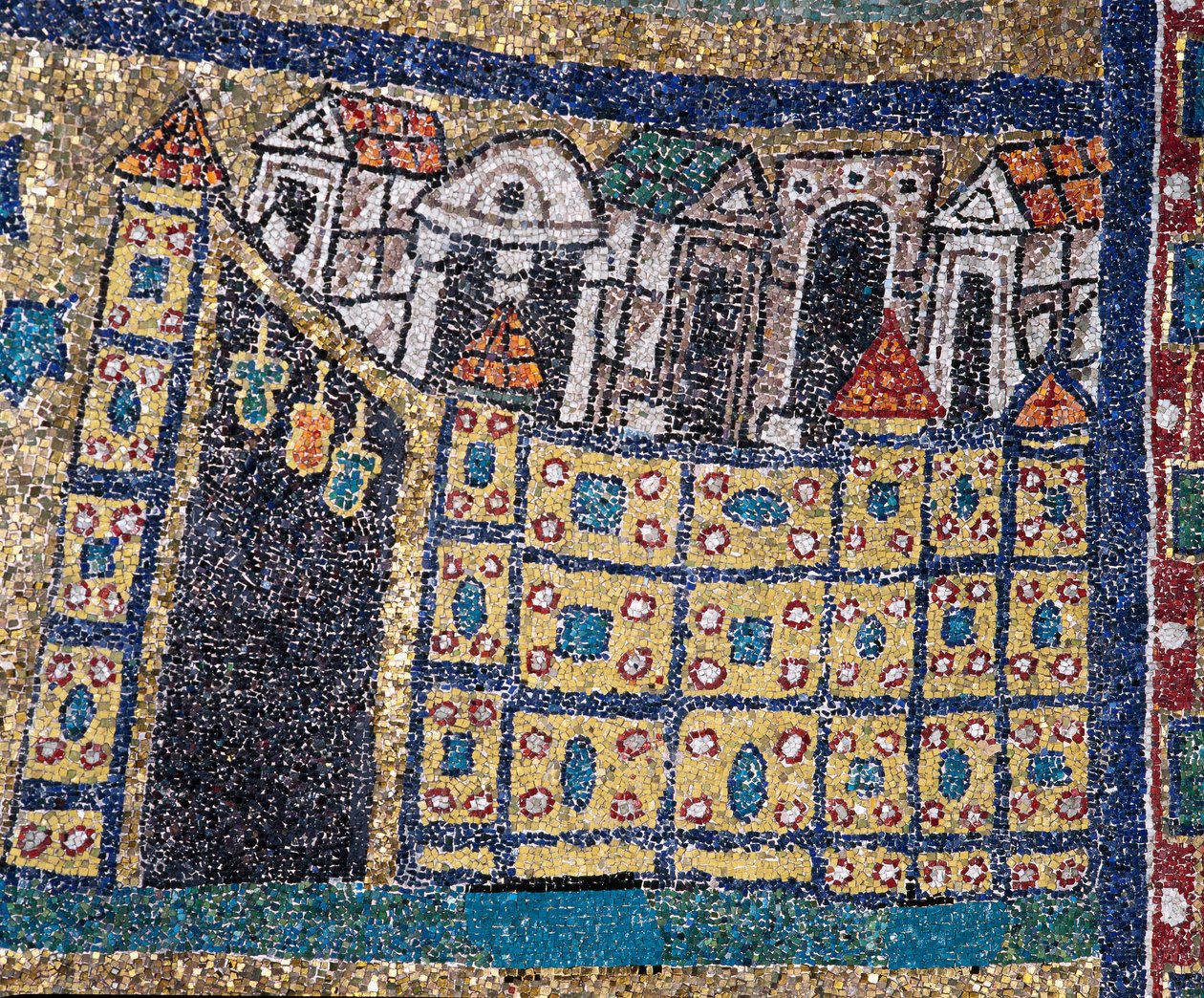 Wizja Niebiańskiej Jerozolimy: szczegół Jerozolimy przedstawiony w ufortyfikowanym cytacie. Mozaika około 830. Łuk triumfalny bazyliki Santa Prassede, Rzym autorstwa Unknown artist