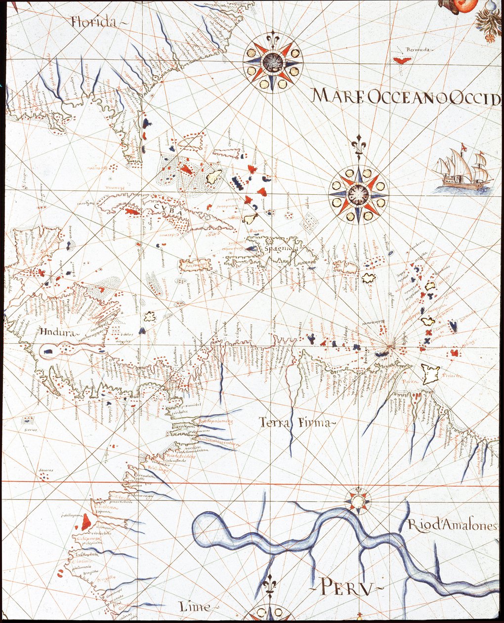 Indie Zachodnie: Floryda, Honduras, Kuba, Peru i Karaiby (Szczegół Portulan de Castellini autorstwa Unknown artist