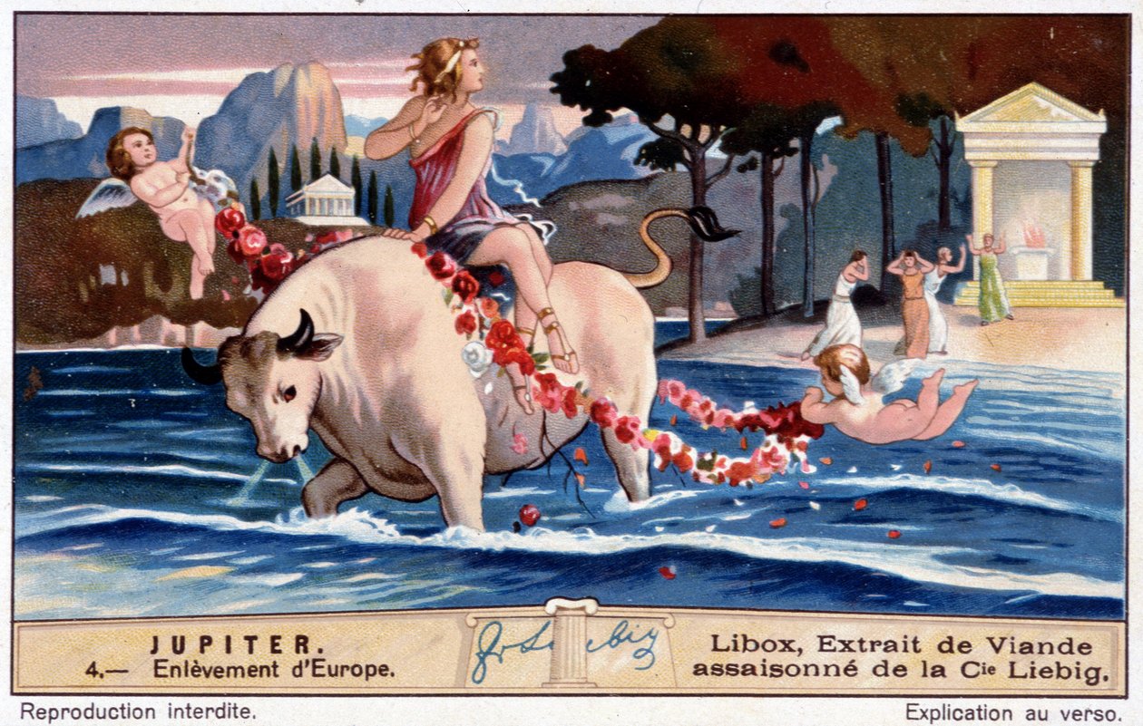 Porwanie Europy przez Jowisza wygląda jak biały byk - chromolitografia Libox, produkcja Liebig autorstwa Unknown artist