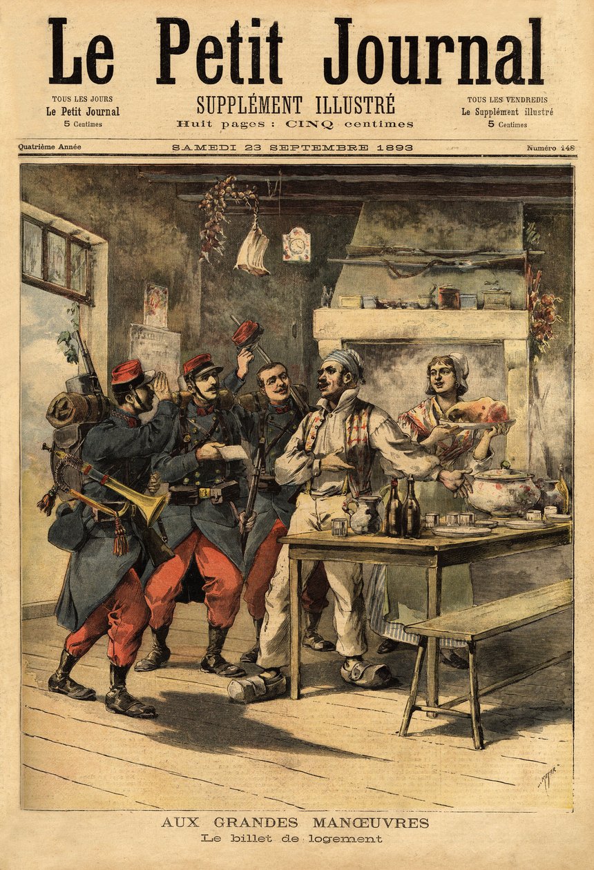 Bilet noclegowy, dostarczany przez wojsko swoim żołnierzom w terenie w celu zażądania zakwaterowania od ludności cywilnej. Grawerowanie w „Le petit journal”” 23.09.1893. Kolekcja Selvy. autorstwa Unknown artist