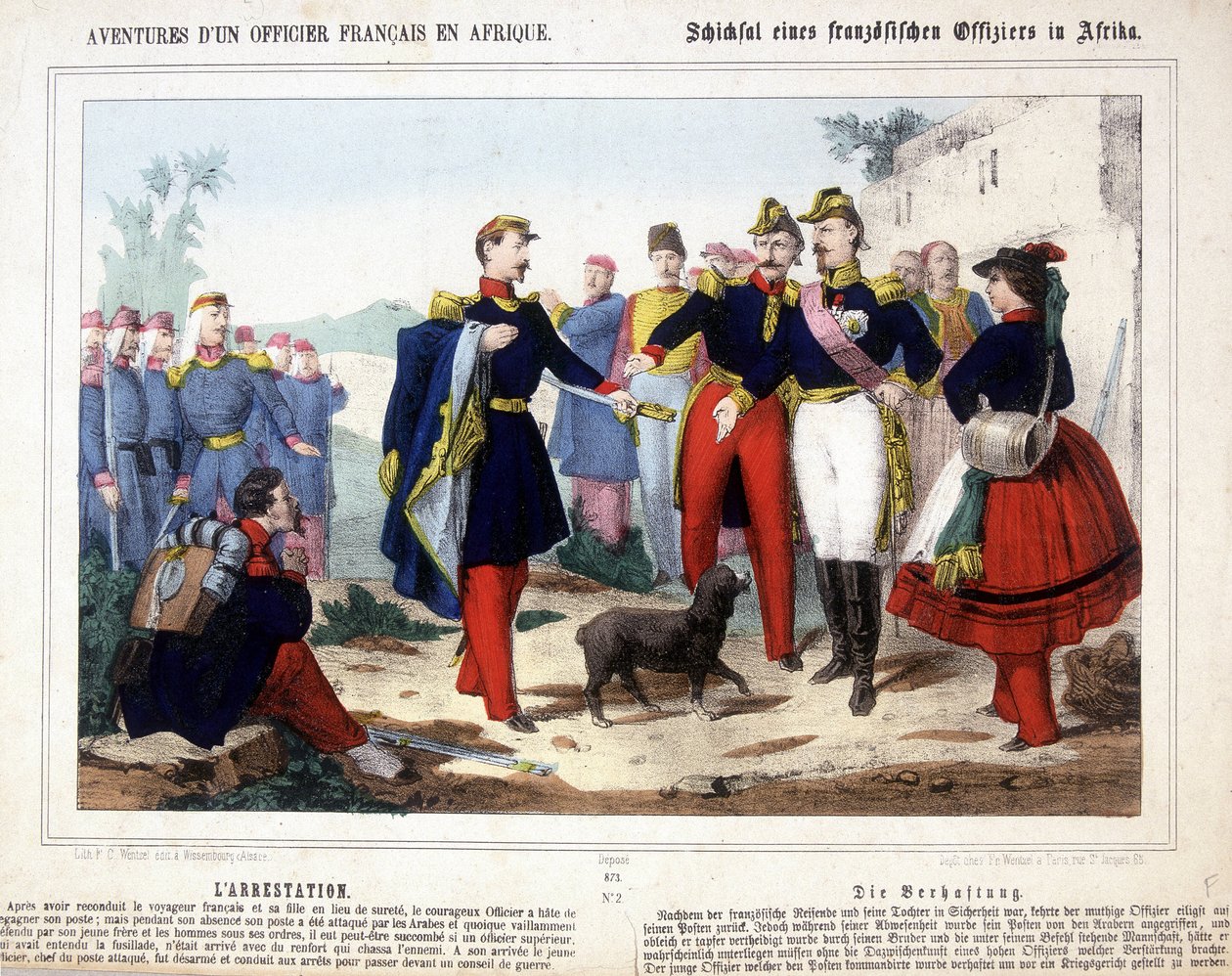 Przygody francuskiego oficera w Afryce. Młody oficer, dowódca posterunku zaatakowanego przez Arabów, został rozbrojony i aresztowany przed naradą wojenną. autorstwa Unknown artist