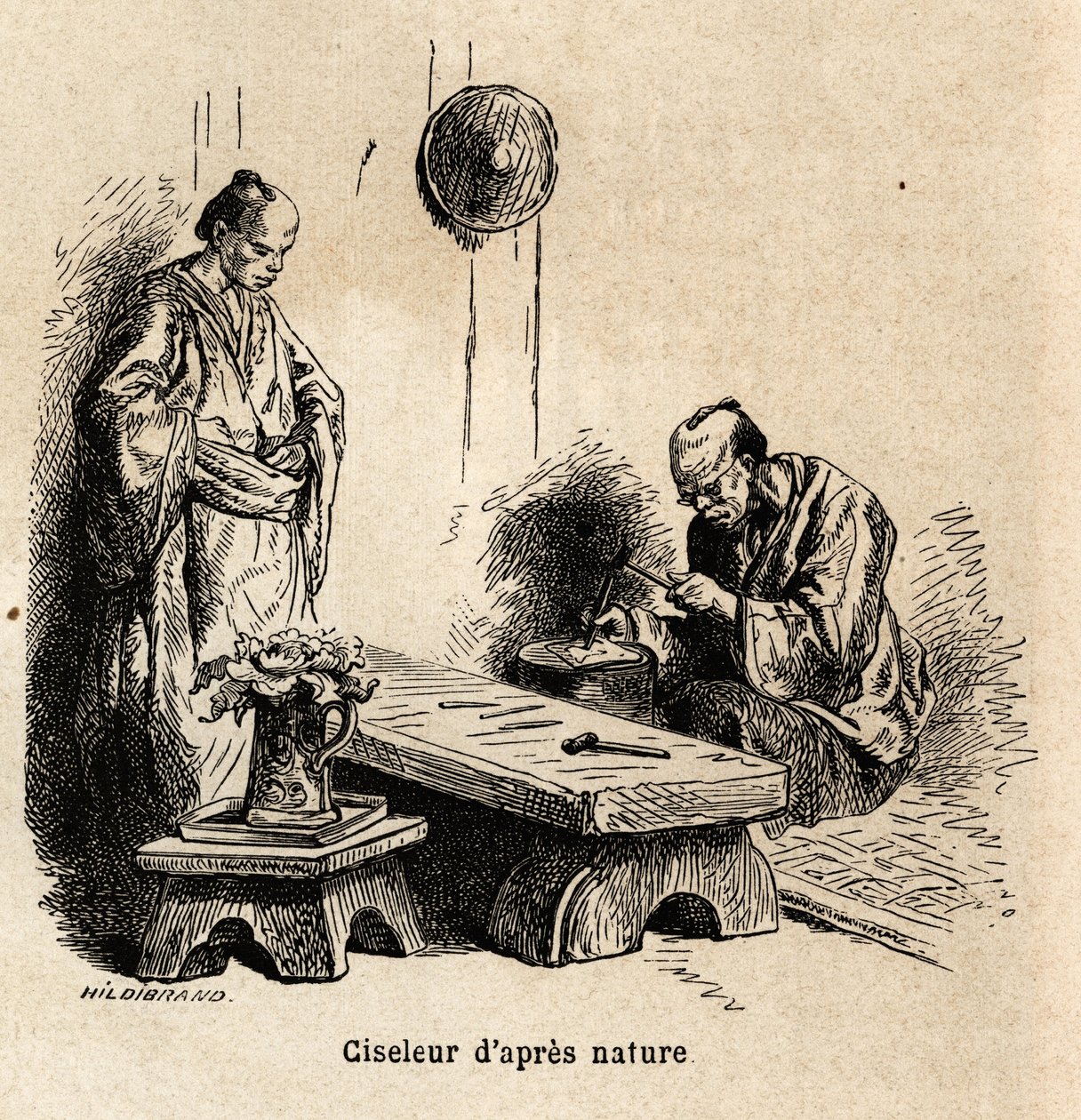 Dłuto po naturze. Rycina ilustrująca podróż do Japonii w latach 1863-1864, autorstwa Aime Humberta, ministra Konfederacji Szwajcarskiej, w „Le tour du monde, nouveau journal des voyages”, wydanej pod kierunkiem Edouarda Chartona autorstwa Unknown artist