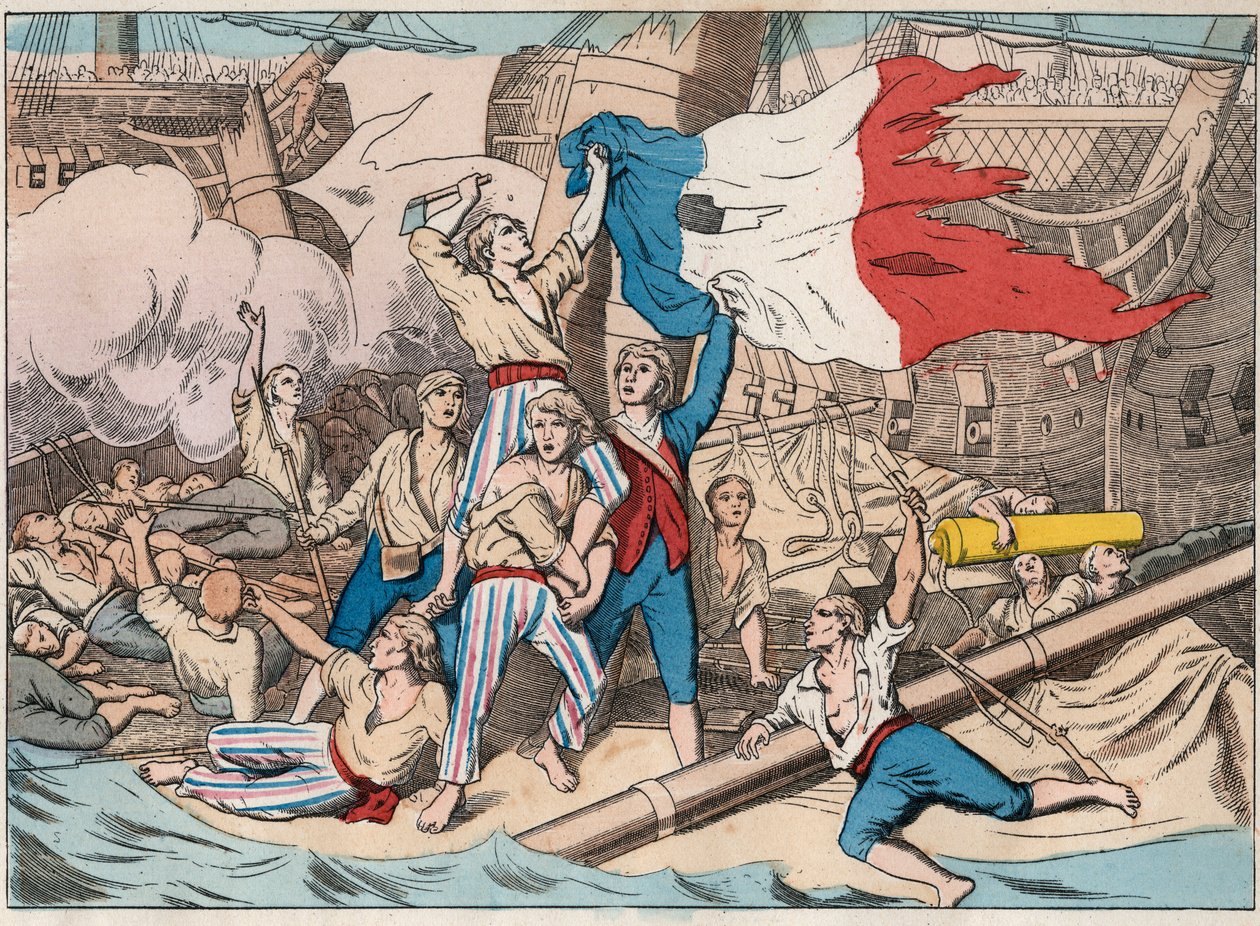 Agonia statku „Avenger” zaatakowanego przez trzy angielskie statki 1 czerwca 1794 roku podczas bitwy morskiej 14 Prairial, II roku (2 czerwca) autorstwa Unknown artist