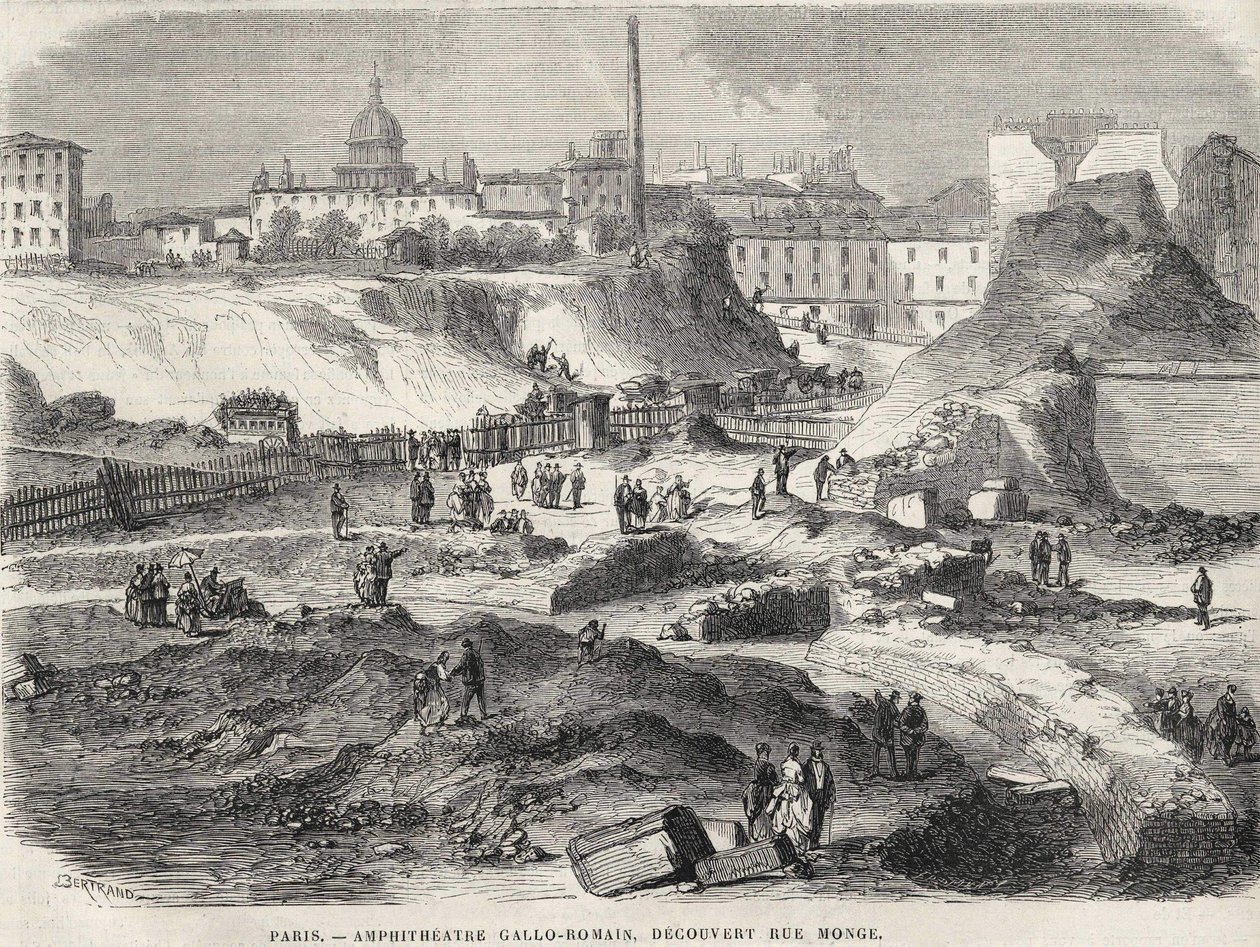 Amfiteatr Gallo Romain odkrył w 1870 roku przy Rue Monge w Paryżu, dziś Arenes de Lutèce. Rycina XIX wieku. autorstwa Unknown artist