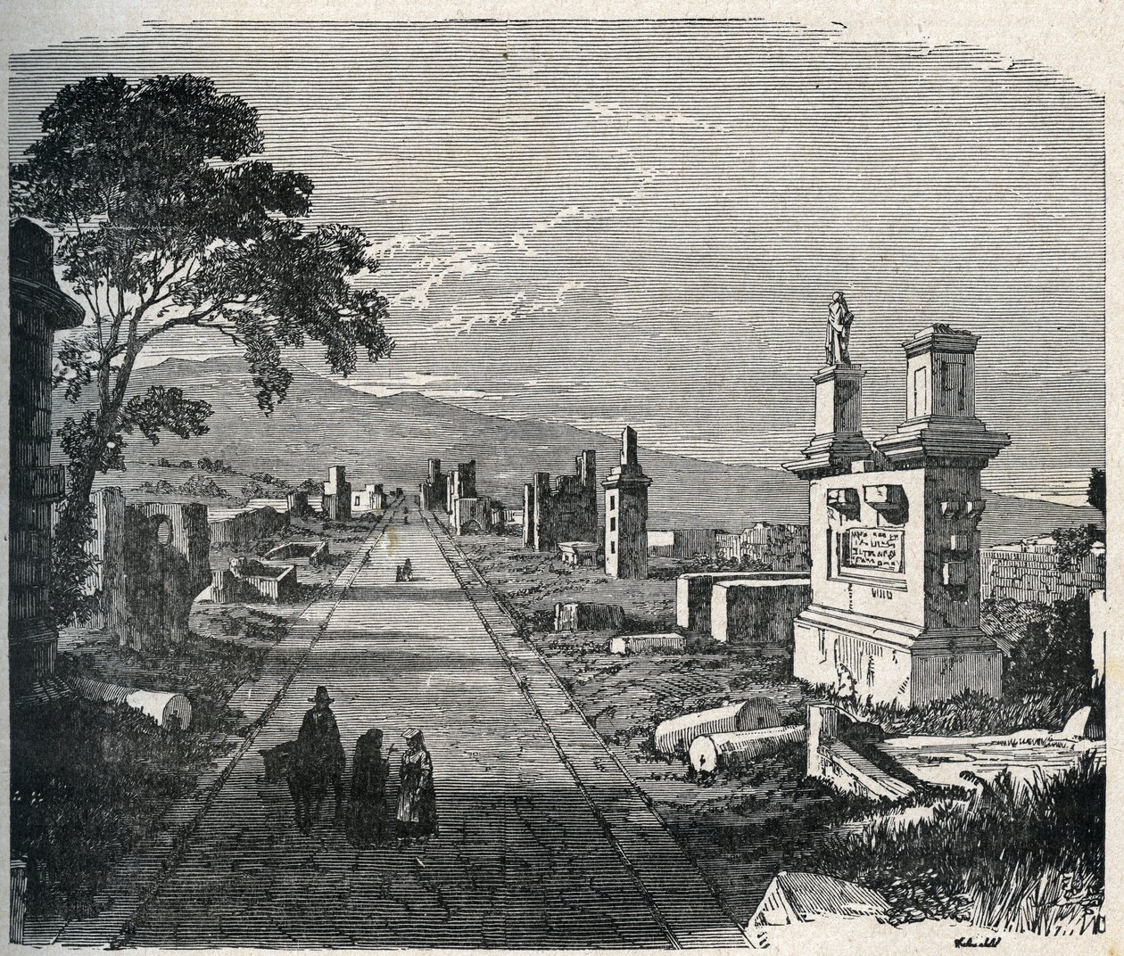 Starożytna trasa Appijska, przez appię przez bagna pontyńskie (Agro pontino) w pobliżu Rzymu. Rycina XIX wieku. autorstwa Unknown artist