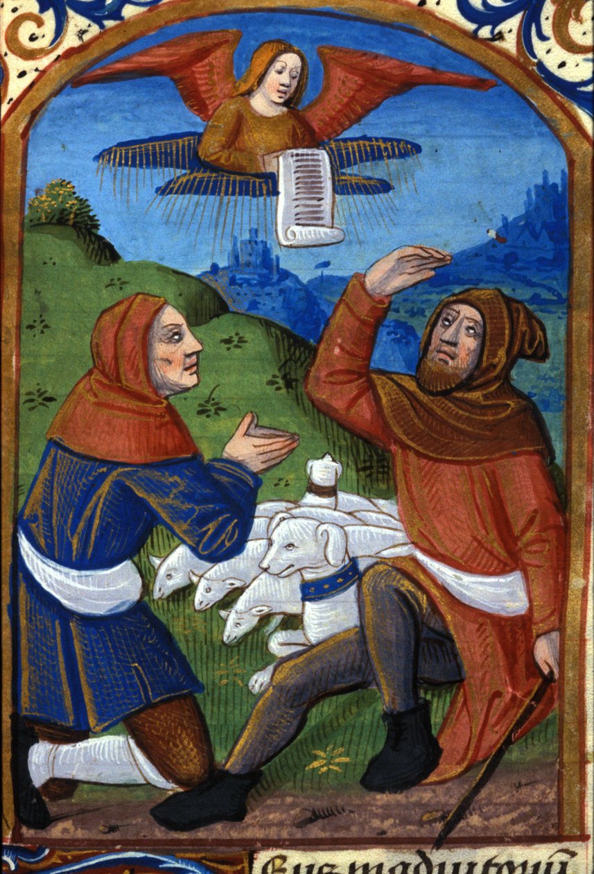 Anioł zapowiada pasterzom narodziny Jezusa. Rękopis z XV wieku. Biblioteca Nazionale Braidense, Mediolan autorstwa Unknown artist