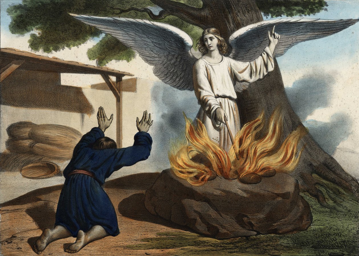 Anioł ukazujący się w Gedeonie (Gideon), aby wyzwolić lud Izraela spod okupacji Madianitów. Anonimowy rycina z połowy XIX wieku. autorstwa Unknown artist