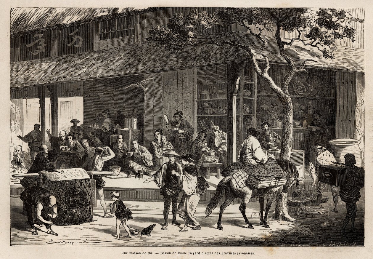Animacja domu i działania ulicy. Grawer ilustrujący wyprawę do Japonii w latach 1863-1864 autorstwa Aime Humberta, ministra Konfederacji Szwajcarskiej, w „Le tour du monde, nouveau journal des voyages”” wydawanym pod kierunkiem autorstwa Unknown artist
