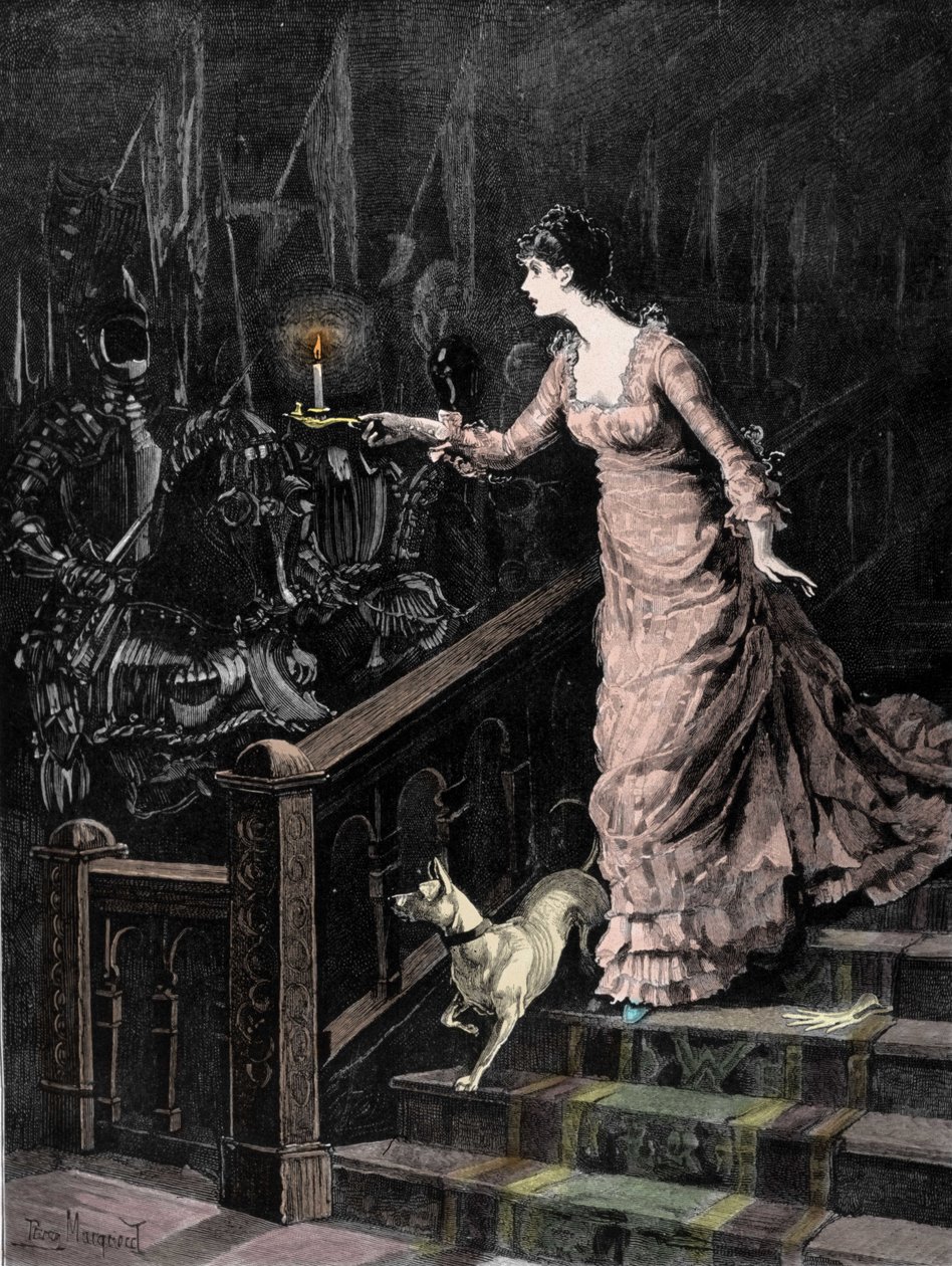 Zbrojownia nawiedzona: młoda kobieta schodzi po schodach i kieruje trzymaną w dłoni świecę w stronę zbroi. Ilustracja z końca XIX wieku autorstwa Unknown artist