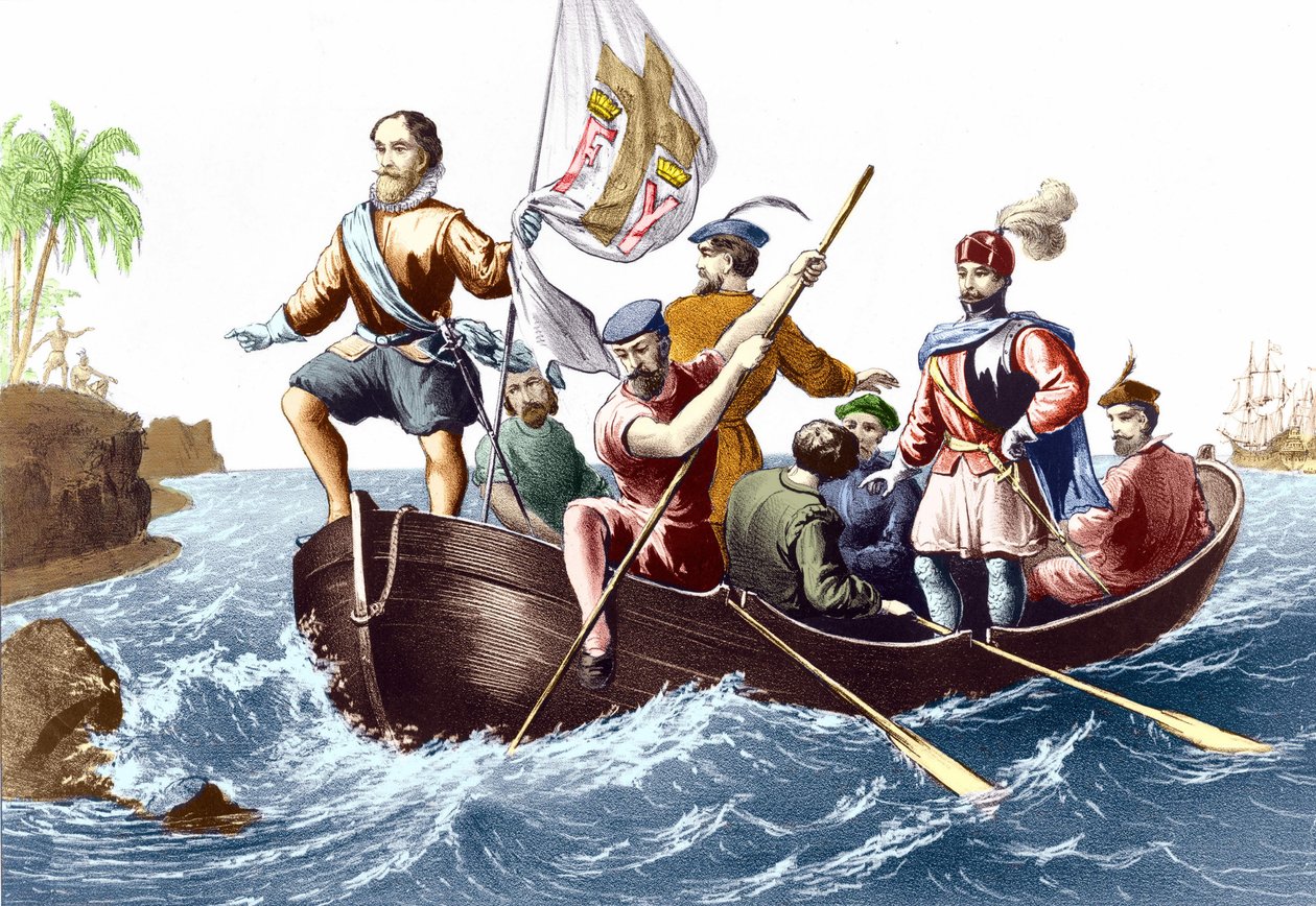 Przybycie Krzysztofa Kolumba do San Salvador w dniu 12.10.1492. Grawerowanie v. 1876. autorstwa Unknown artist