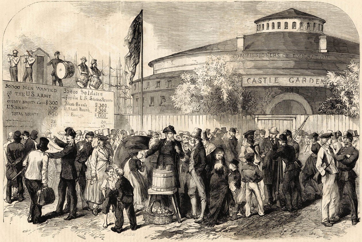 Przybycie emigrantów do Nowego Jorku w kwietniu 1865 r. Rysunek p. Shanly. Grawerowanie z XIX wieku. autorstwa Unknown artist