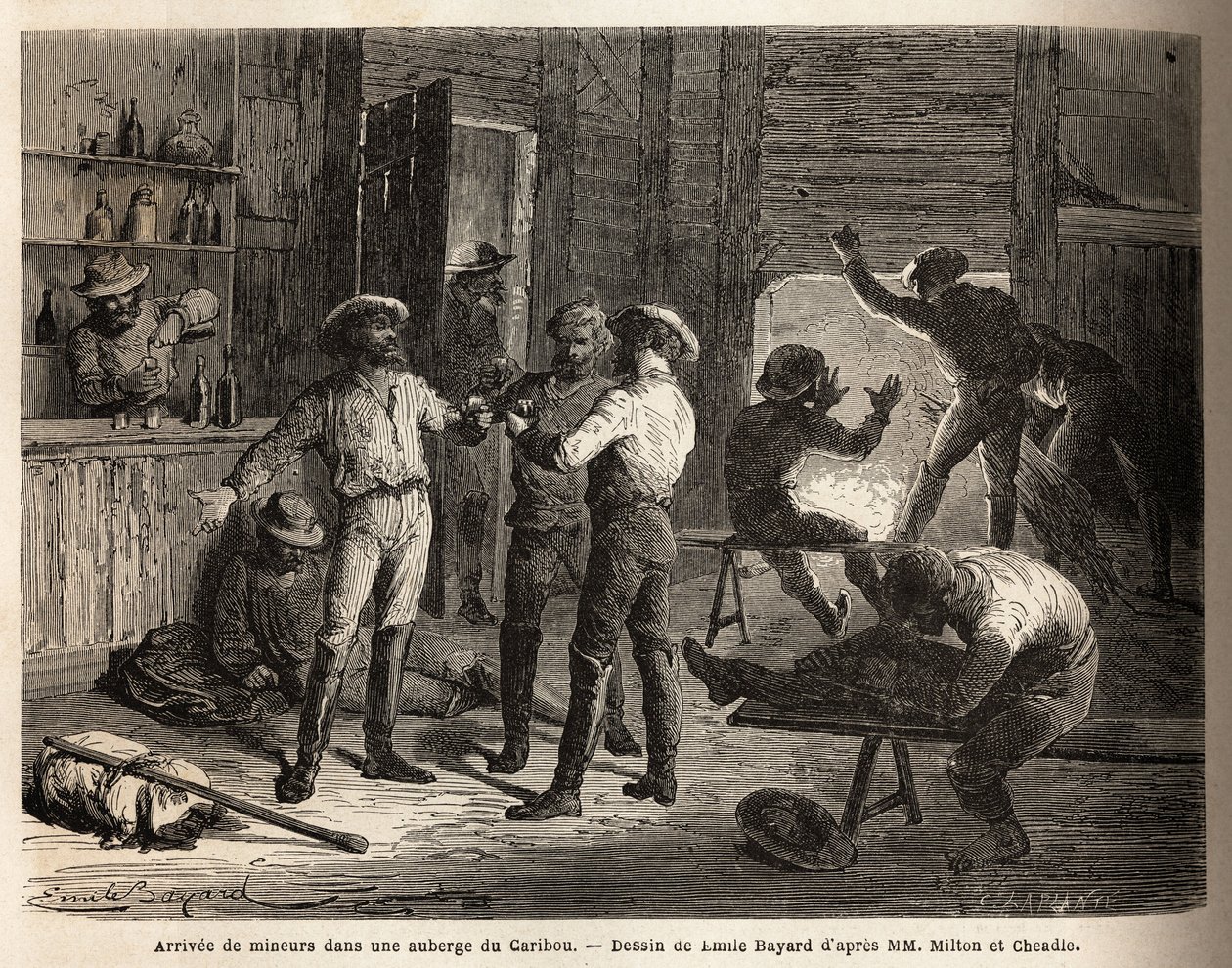 Przybycie górników do karczmy Caribou (Kanada), sceny relaksu i spotkania, przy drinku. Grawer ilustrujący podróż z Atlantyku na Pacyfik (route du nord ouest par les terres), w latach 1862-1864 autorstwa wicehrabiego Miltona i doktora Cheadle, autorstwa Unknown artist