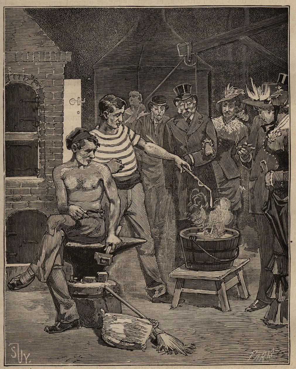 Sztuka szkła: doświadczenie łez batawicznych. Krople stopionego szkła wrzucane są do zimnej kąpieli wodnej, która zamarza w postaci łez. Grawer z 1885 roku w „Les arts et metiers illustres” Adolphe BITARD. autorstwa Unknown artist