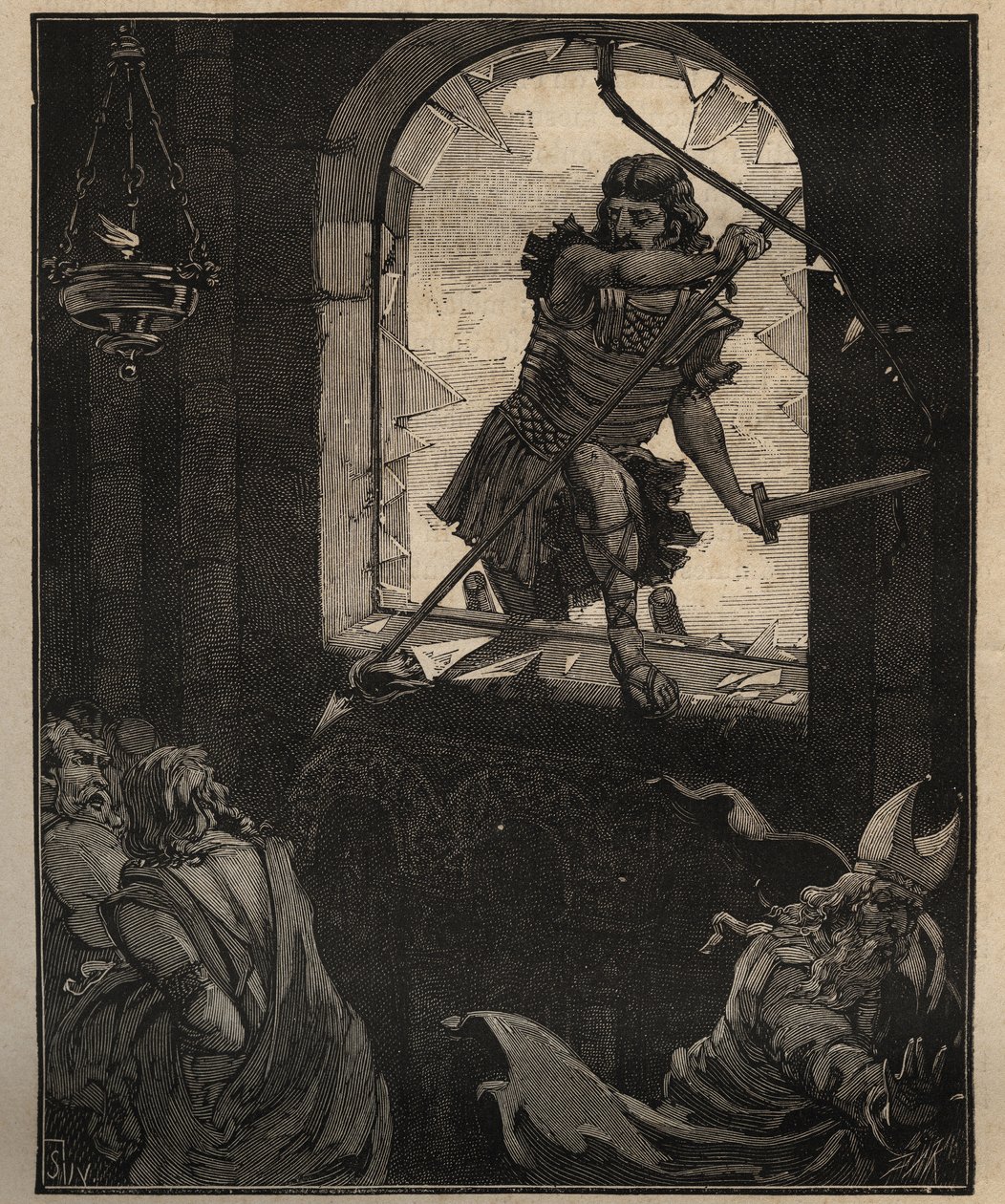 Sztuka szkła: malowane witraże. Żołnierze Teodoryka rozbijają witraż, aby wejść do kościoła Brioude (Haute Loire) w 521 roku. Rycina z 1885 roku w „Les arts et metiers illustres” Adolphe BITARD. autorstwa Unknown artist