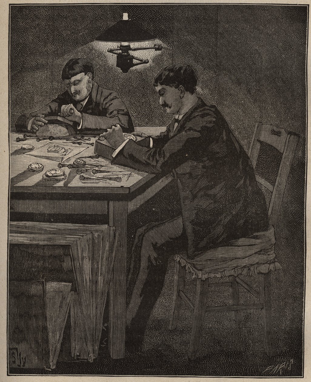 Sztuka lapidarium: grawerowanie muszli kamea (muszla kamea). Grawer z 1885 roku w „Les arts et metiers illustres” Adolphe BITARD. autorstwa Unknown artist