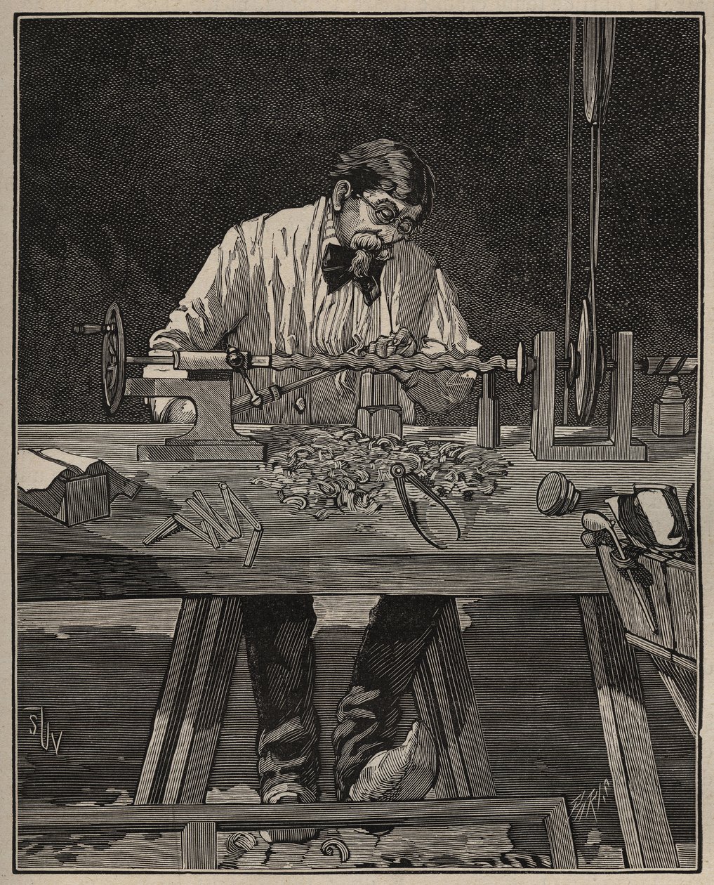 Sztuka tokarska: licowanie kolumny tułowia. Grawer z 1885 roku w „Les arts et metiers illustres” Adolphe BITARD. autorstwa Unknown artist