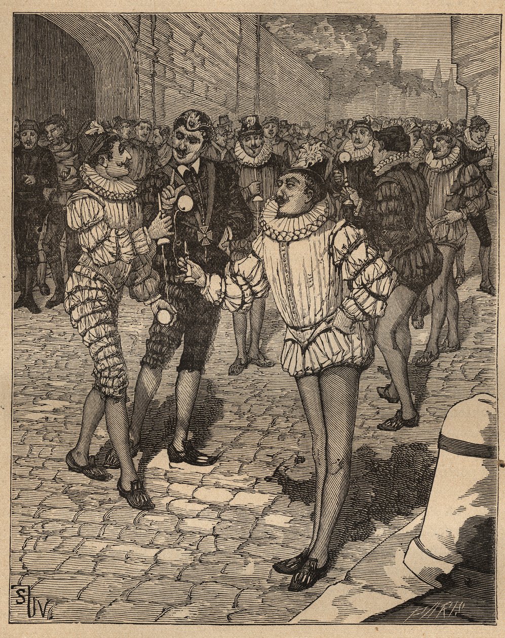 Sztuka skrętu: piłka. Król Henryk III (1551-1589) i jego kucyki grali na ulicy w bilbokicie. Grawer z 1885 roku w „Les arts et metiers illustres” Adolphe BITARD. autorstwa Unknown artist