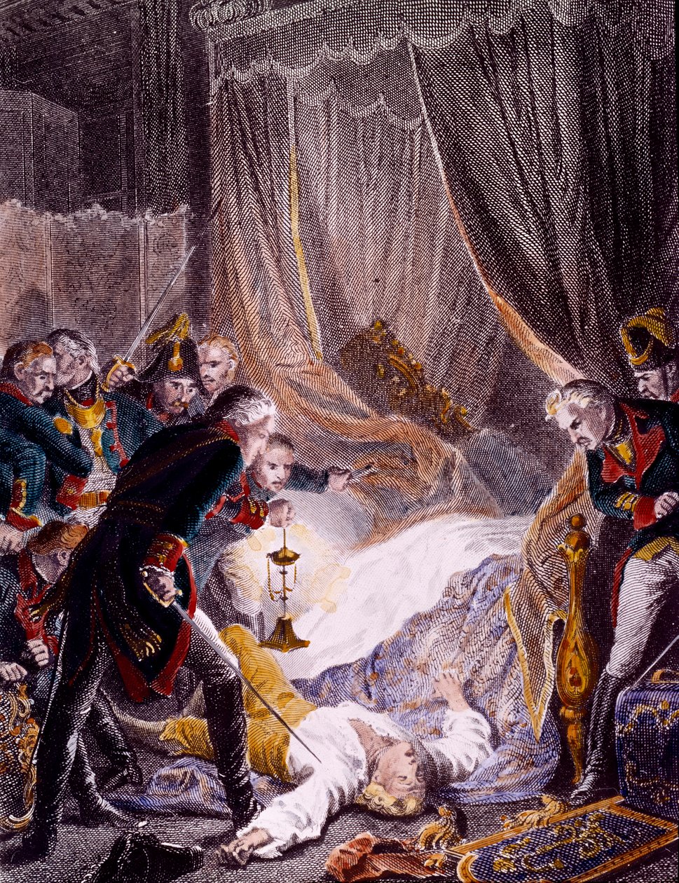 Zabójstwo Pawła I Pietrowicza (1754-1801), rosyjskiego cara w jego pokoju w Pałacu św. Michała po tym, jak został zmuszony do podpisania swojej abdykacji. Grawer około 1801 r. Kolekcja prywatna autorstwa Unknown artist