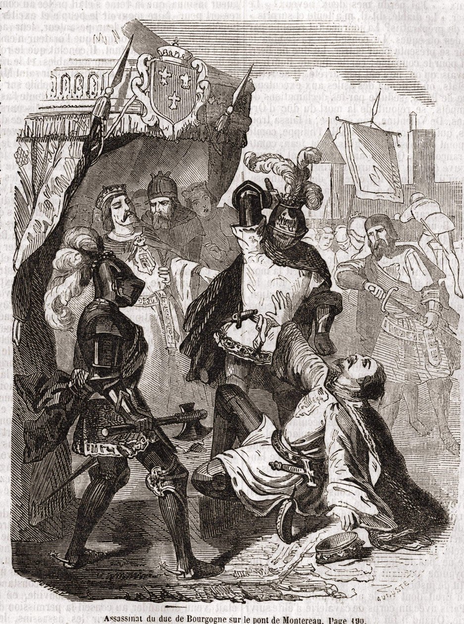 Zabójstwo księcia Burgundii (Jean sans peur) na moście w Montereau - w „Histoire de France” ”Anquetil, Paryż autorstwa Unknown artist