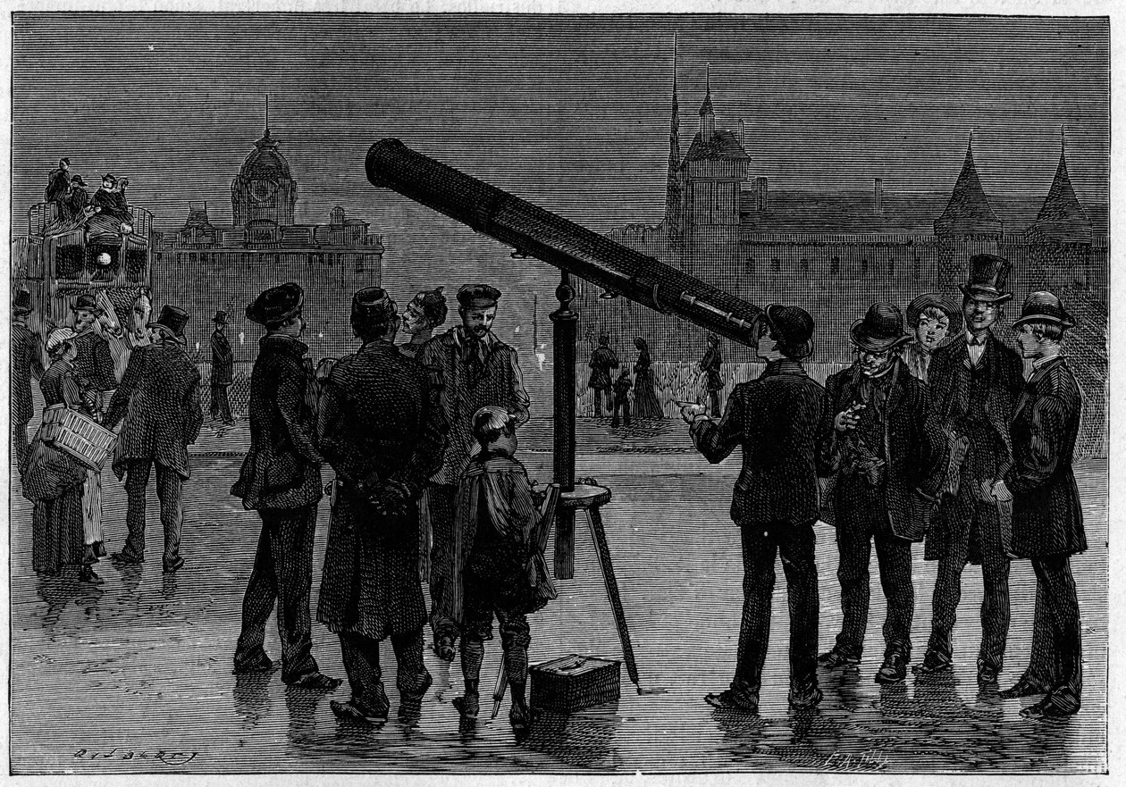 Astronom i jego astronomiczna luneta na Place du Chatelet w Paryżu w czasie obserwacji planety Wenus w lutym 1889 r. Grawer w „” La Nature. Revue des sciences et de ses applications aux arts et a l