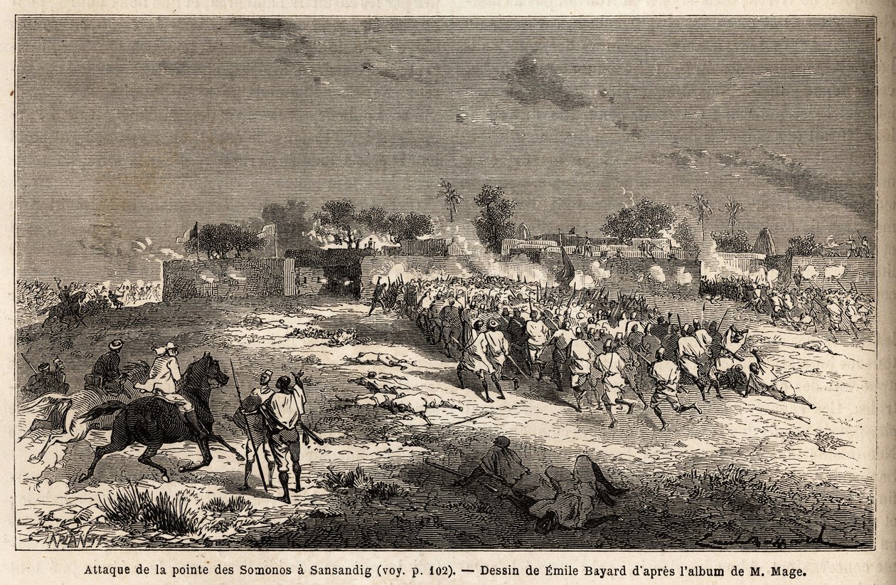 Atak na Sansandig przez armię króla Ahmadou (Toucouleur), dokąd uciekł Bambara, schronił się. Grawer ilustrujący podróż do Sudanu Zachodniego porucznika (marynarki) M.Mage, w latach 1863-1866, opublikowany w „Le tour du monde, nouveau journal des voyages”, autorstwa Unknown artist