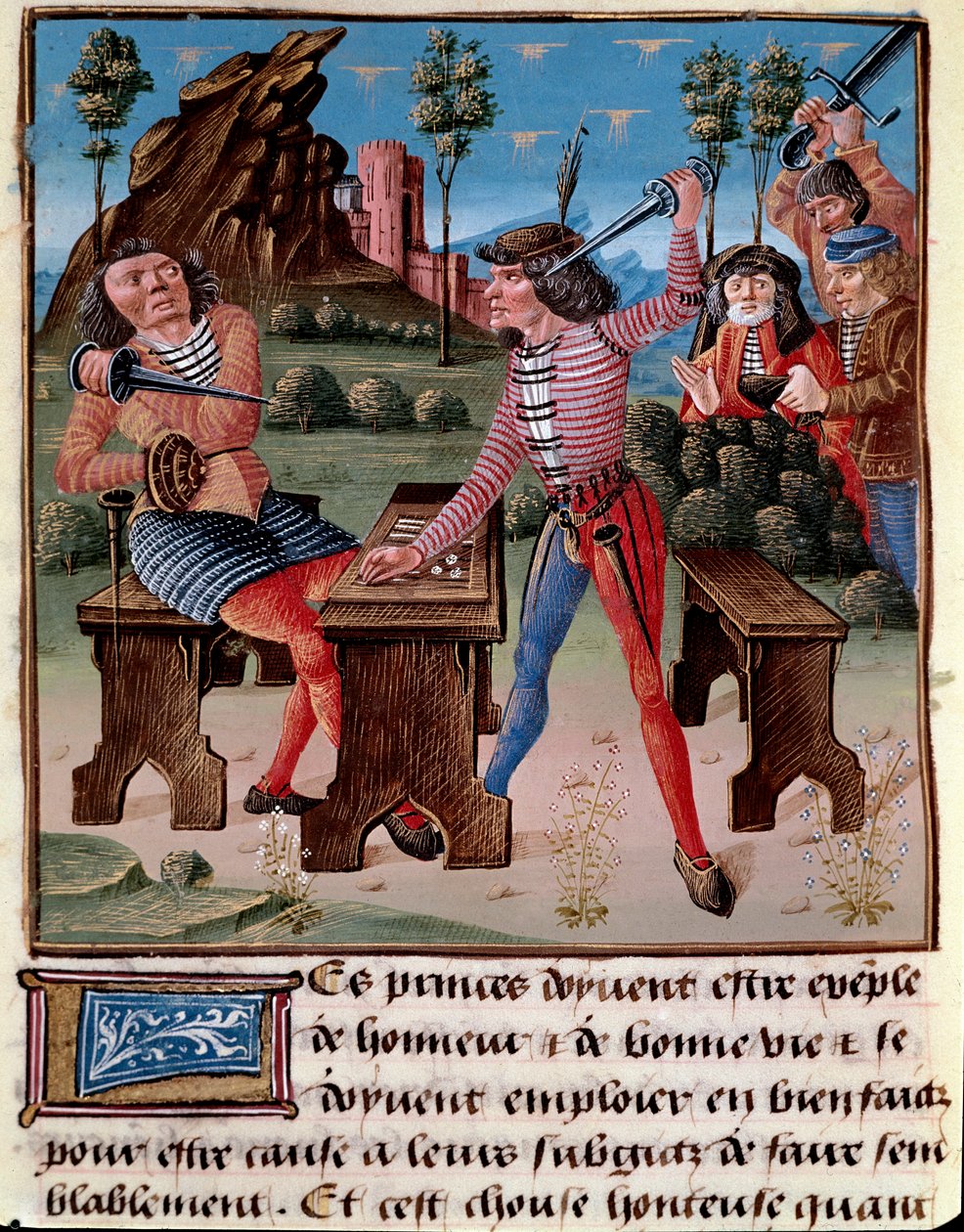 Złe skutki gry, kradzieży i bójki. Dwóch graczy zagroziło bronią Miniatura z „Księgi dobrych Maurów” Jacquesa Wielkiego (1360-1415/1418), poświęcona Jean Duke of Berry autorstwa Unknown artist