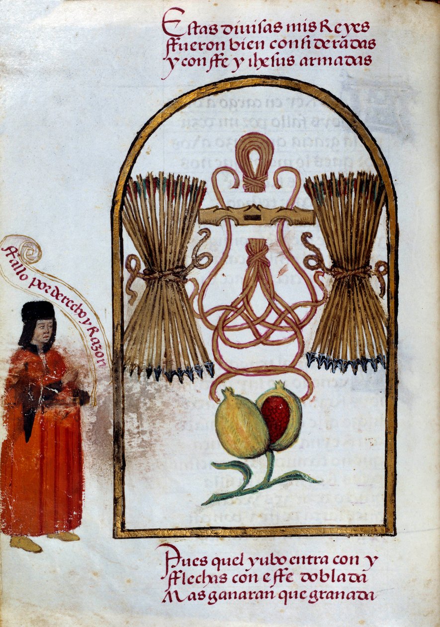 Bransoletka i strzały. Godło Królów Katolickich (Miniatura w „”Devotorio de la Reyna Da Juana a Quen Llamaron la Loca”” Pedro Marcuello autorstwa Unknown artist