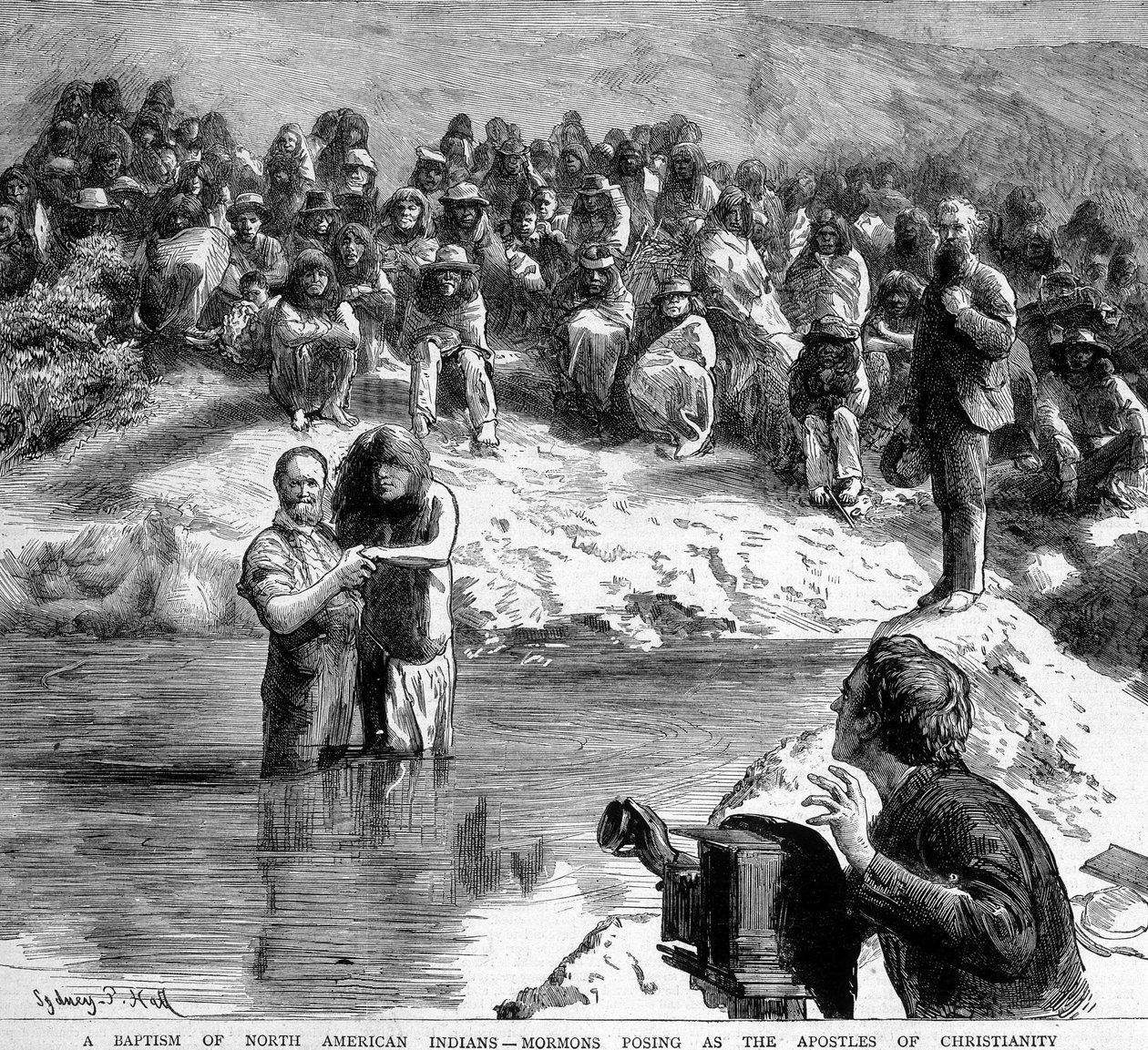 Chrzest w Ameryce Północnej Indianina przez mormona pozującego przed kamerą jako apoterów chrześcijaństwa. Ilustracja XIX wieku. autorstwa Unknown artist