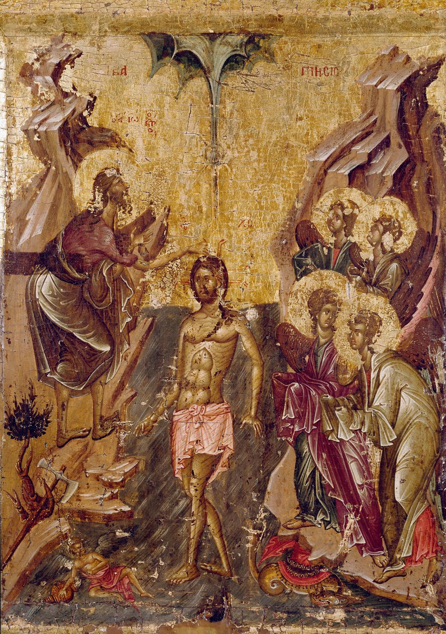 Chrzest Chrystusa Icone z XIII wieku. Ohrid, Galerie des icons de la église Saint Clement (Saint-Clement-Sainte-Vierge-Perivleptos), Macedonia autorstwa Unknown artist