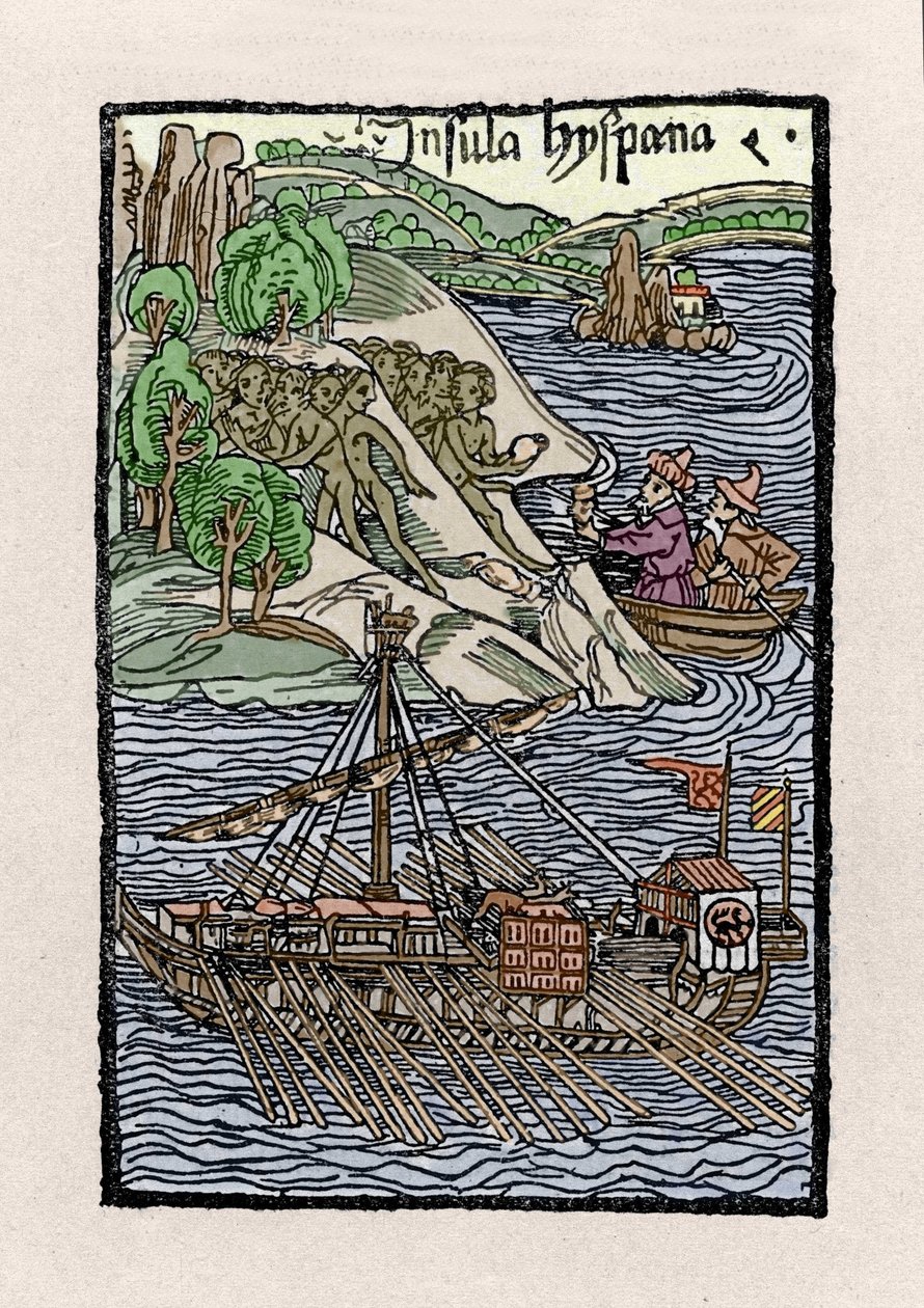 Barka w Hispanioli autorstwa Krzysztofa Kolumba (1451-1506). Rycina z „”De insulis in mare Indico super inventis””, Bale 1493-1494 (łac. tłumaczenie raportu Kolumba do króla Hiszpanii). autorstwa Unknown artist