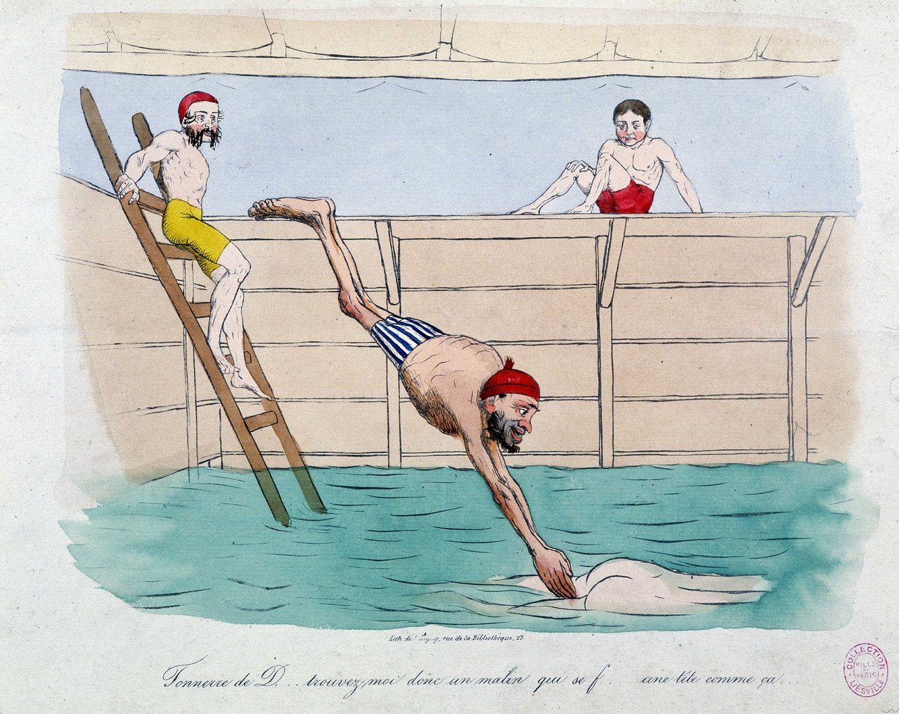 Kąpiel: karykatura łaźni publicznych (basenów) w Paryżu - XIX w., Carnavalet. autorstwa Unknown artist