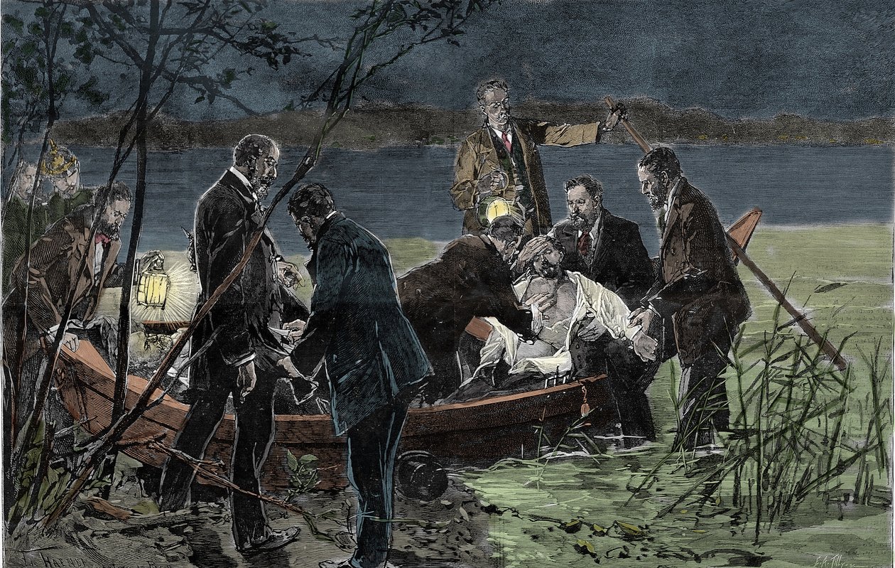 Ciało Ludwika (Ludwiga) II z Baviere Wittelsbach (1845-1886) znalezione utonęło wraz z dr. Guddenem w jeziorze Starnberg w pobliżu zamku Berg w czerwcu 1886 r. Grawerowanie autorstwa Unknown artist