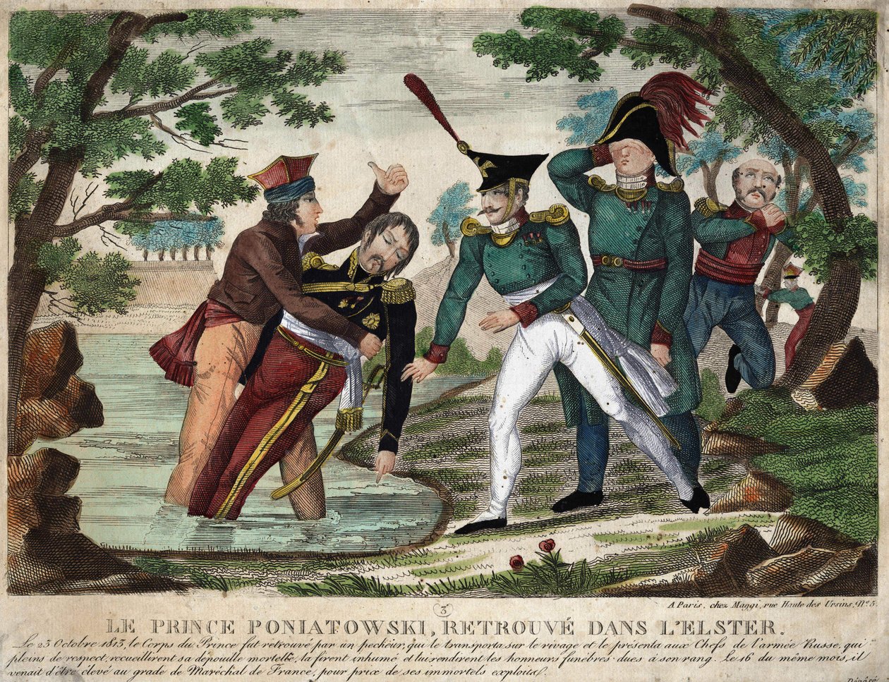 Ciało księcia Józefa (Józefa) Antoniego Poniatowskiego (zm. 1763) znalezione w rzece Elster 23 października 1813 r., rycina przedstawiająca czas autorstwa Unknown artist