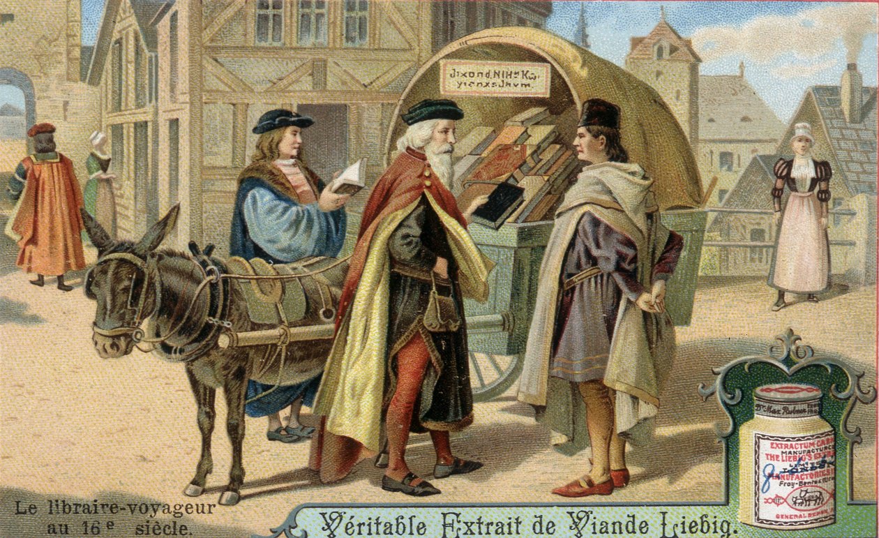 Księgarz i jego księgarnia objazdowa w XVI wieku. Chromolitografia, obraz Liebiga. autorstwa Unknown artist