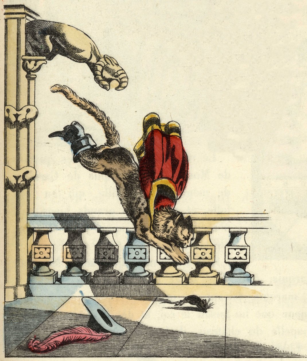 Kot-but, prosząc ogra, aby zamienił się w mysz, skacze, by go pożreć. Ilustracja do bajki Charlesa Perraulta „Le chat botte” autorstwa Unknown artist