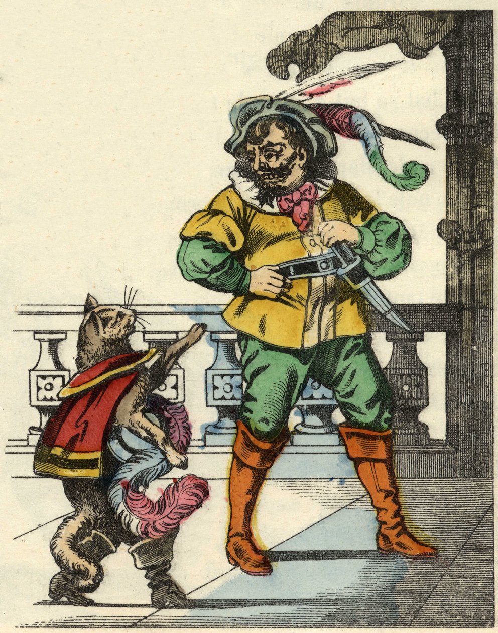 Kot buta spotyka ogra. Ilustracja do bajki „Kot botte” Charlesa Perrault autorstwa Unknown artist
