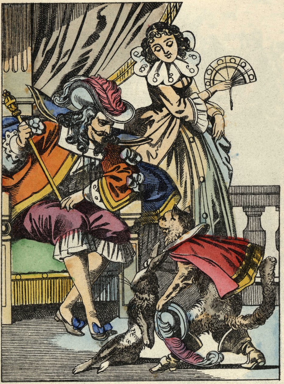Kot-but ofiarowuje królika królowi od swojego pana, markiza de Carabas. Ilustracja do bajki „Kot botte” Charlesa Perrault autorstwa Unknown artist