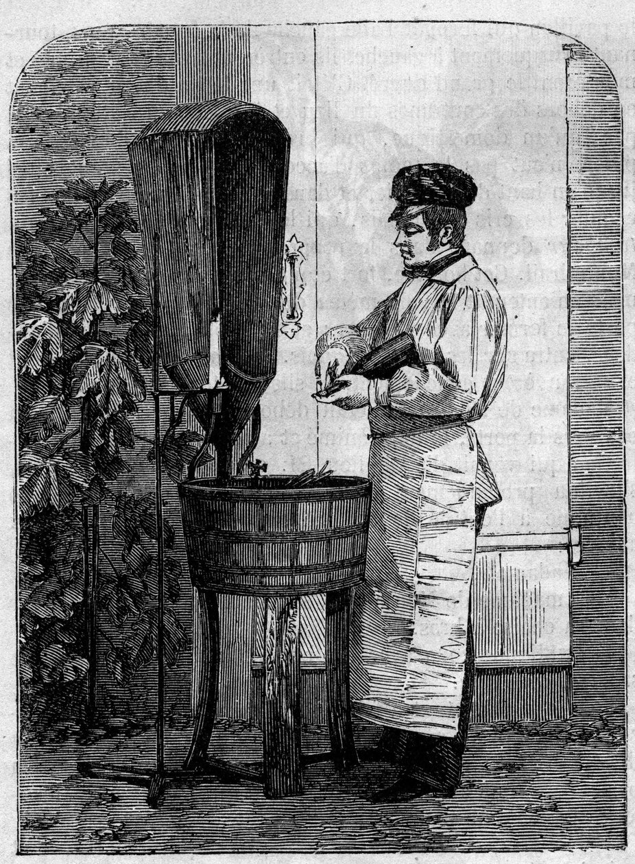 Butelkowanie wina szampana. Grawerunek z 1864 roku. autorstwa Unknown artist