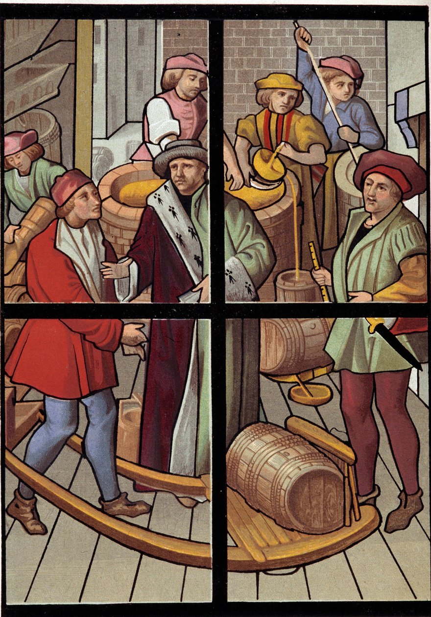 Piwowarzy. Litografia z witrażu katedry w Tournai z XV wieku. 19 wiek. Paryż, sztuka dekoracyjna autorstwa Unknown artist