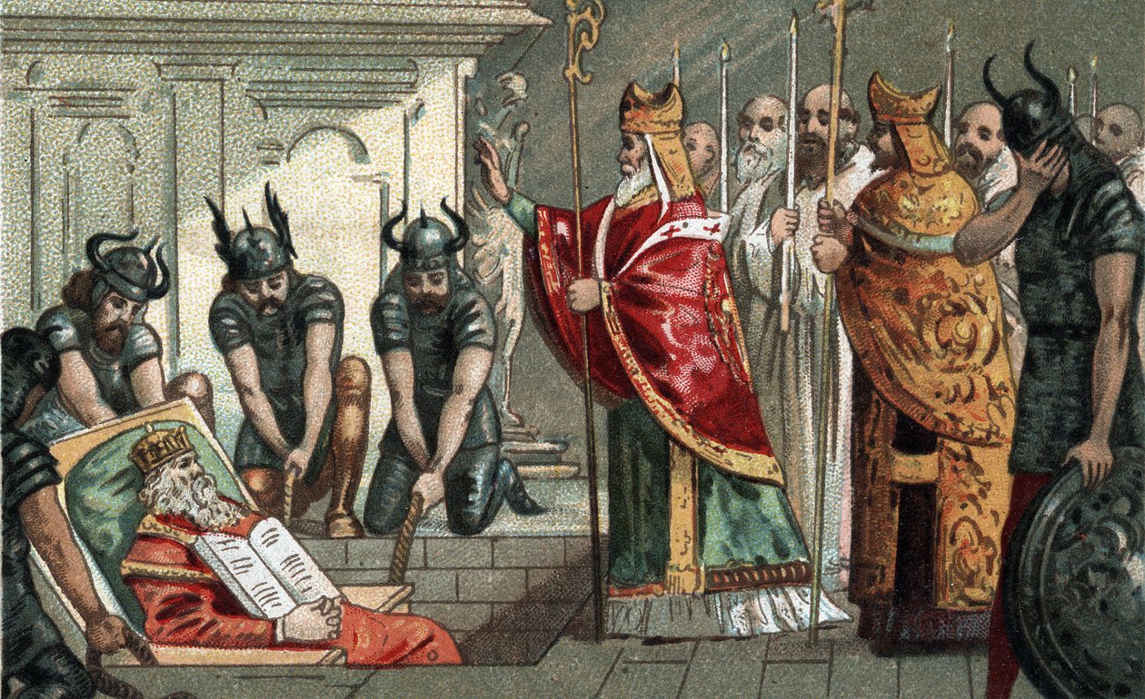 Pochówek Karola Wielkiego w 814 r. w katedrze w Akwizgranie w Niemczech. Chromolitografia z końca XIX wieku. autorstwa Unknown artist