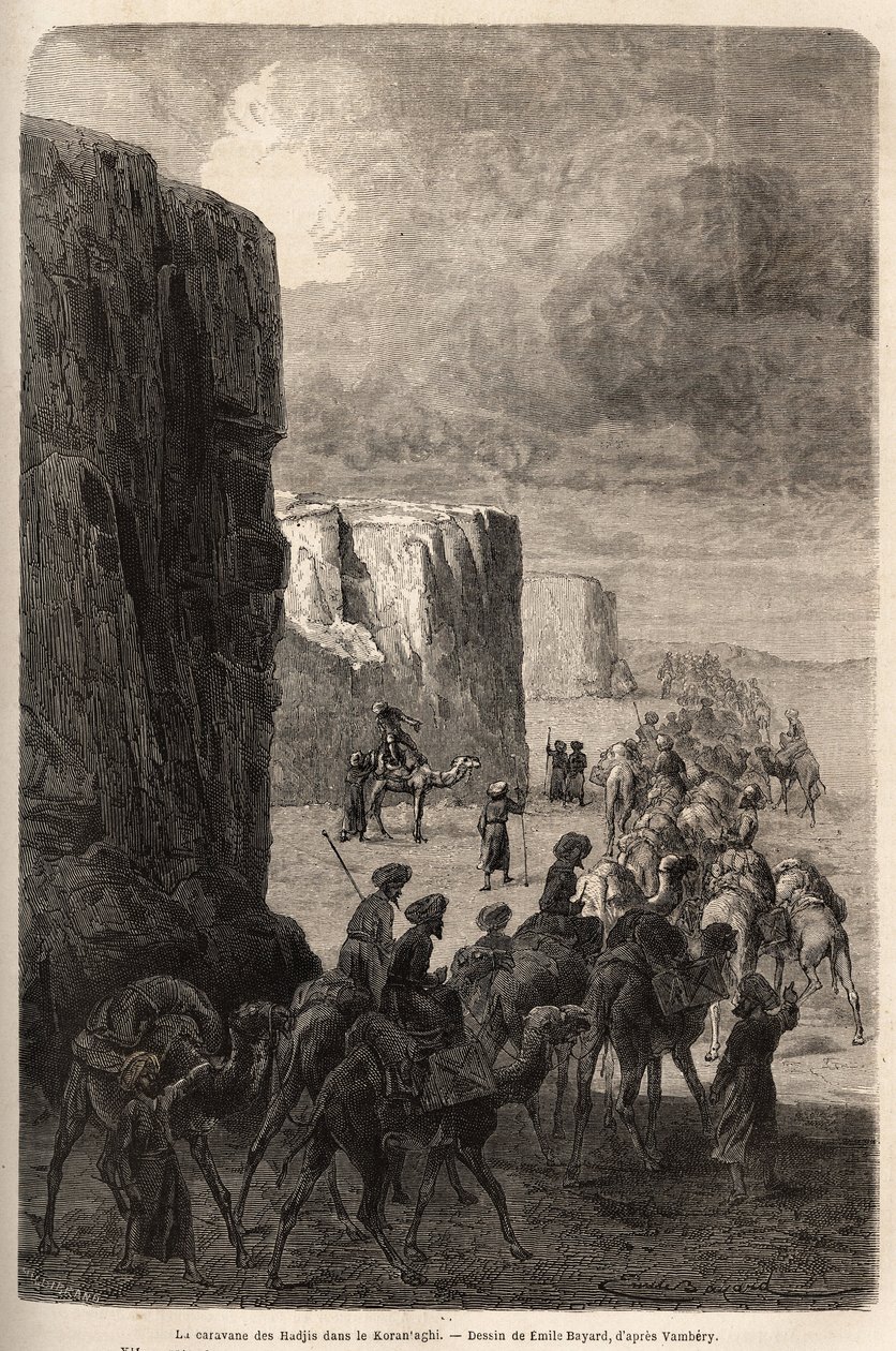 Karawana hadżów (muzułmańskie peleryny) w Korantaghi (Persja, Iran). Rysunek Emile Bayard (1837-1891), ilustrujący podróż do Azji Środkowej w 1863 roku, autorstwa Arminiusa Vambery
