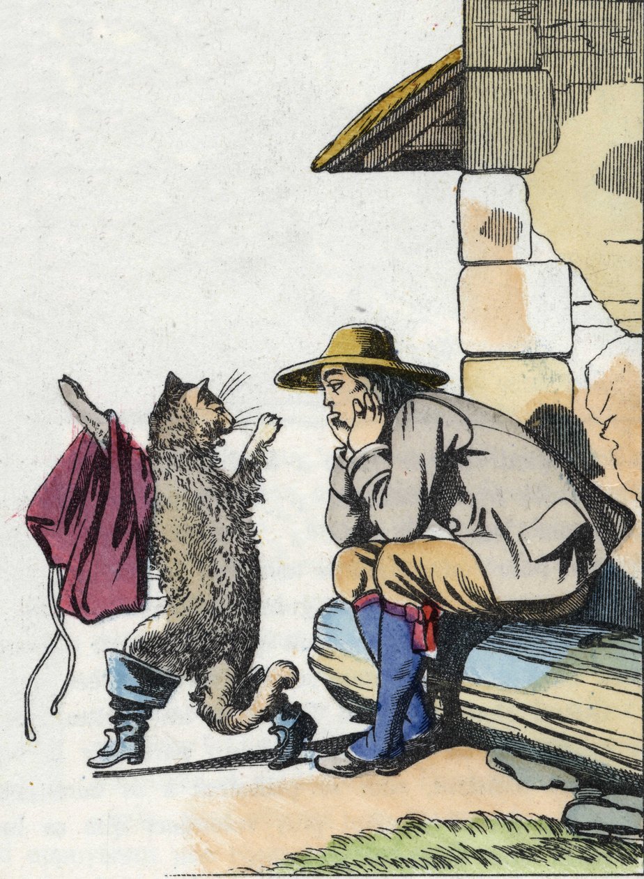 Kot prosi swojego pana o ubrania i buty i obiecuje, że wkrótce będzie bogaty. Ilustracja do bajki Charlesa Perraulta „Le chat botte” autorstwa Unknown artist