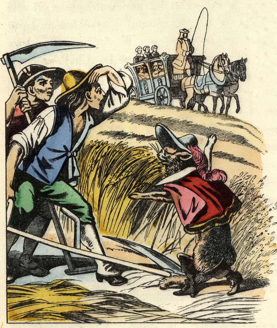 Kot zmusza wieśniaków do powiedzenia, że pole, na którym koszą pszenicę, należy do markiza de Carabas. Ilustracja do bajki „Kot botte” Charlesa Perrault autorstwa Unknown artist