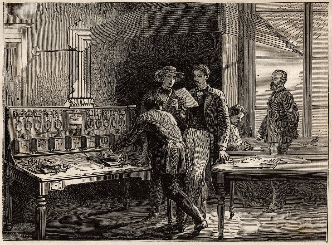 Centralna stacja telegraficzna w fabryce Creusot. Grawerowanie ilustrujące podróż do Creusot i kopalni Saone i Loire, w 1865 r., L. Simonin, w „Le tour du monde, nouveau journal des voyages” opublikowanym pod kierownictwem Edouarda C. autorstwa Unknown artist