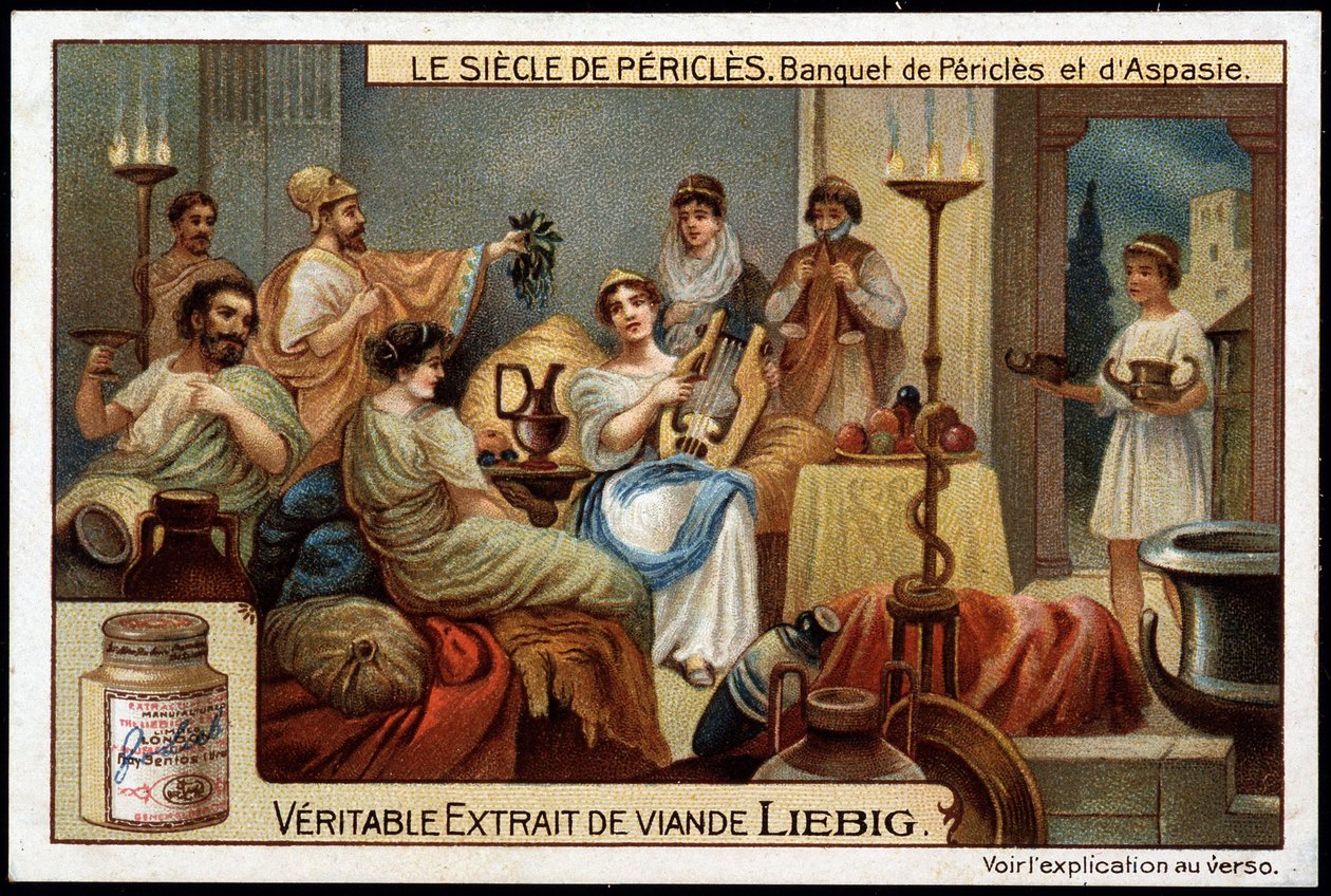 Wiek Peryklesa (495-429 pne): bankiet Peryklesa i Aspazji (470-400 pne) - chromolitografia Liebiga autorstwa Unknown artist