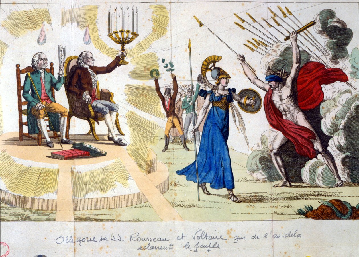 Wiek Lumieres: filozofowie Jean Jacques Rousseau i Voltaire, od przeszłości do przeszłości, oświetlają ludzi - alegoria autorstwa Unknown artist